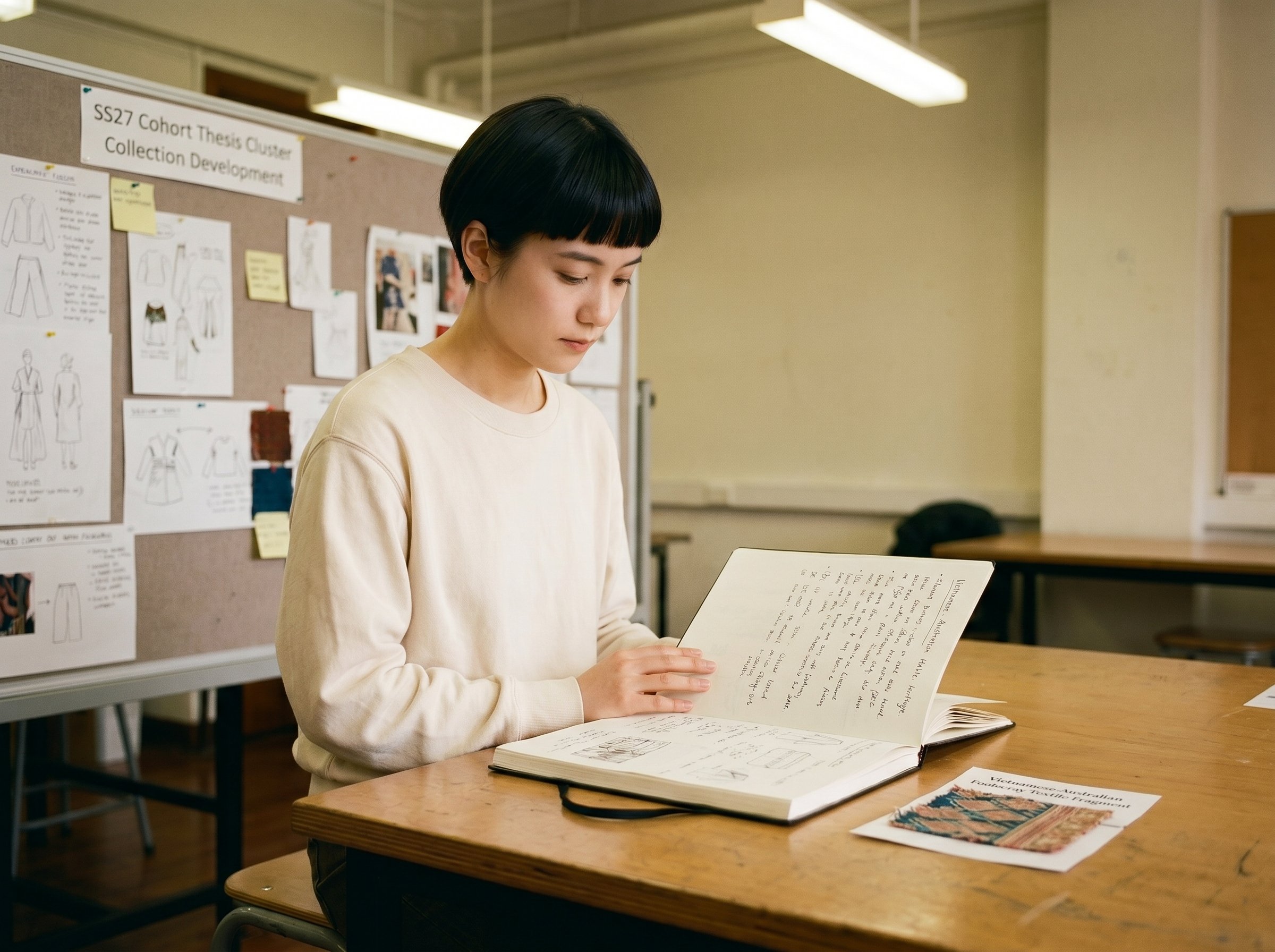 Three-quarter at the RMIT critique-room with a sketchbook open on the workspace-table, 4:3