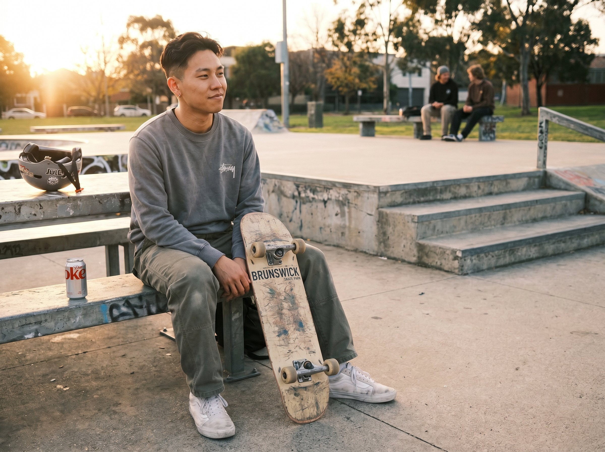 Three-quarter at the Fitzroy-Brunswick-Street skate-park bench-corner with the deck against the leg, 4:3