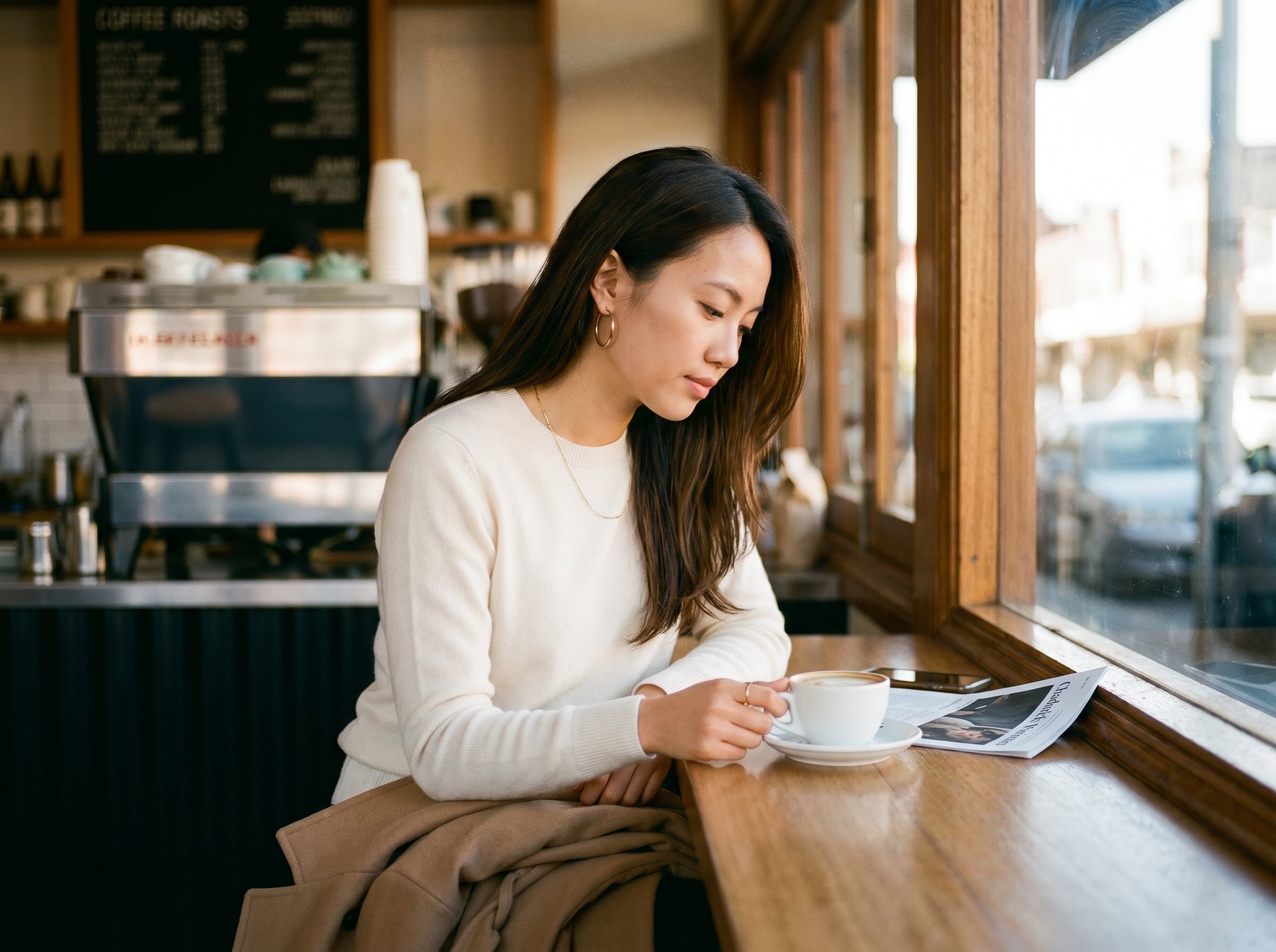 Three-quarter at the Aunty-Peg's-Smith-Street coffee-corner with a Chadwick-Women-call-sheet folded in hand, 4:3