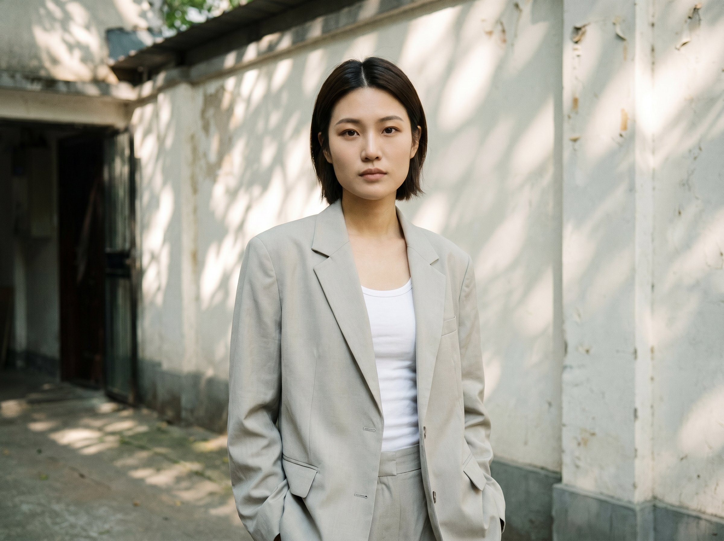 Three-quarter at the Pronounce Anfu-Lu Innenhof doorway, wearing an oversize Pronounce menswear-cut blazer in chalk-grey, hands-in-trouser-pockets, 4:3