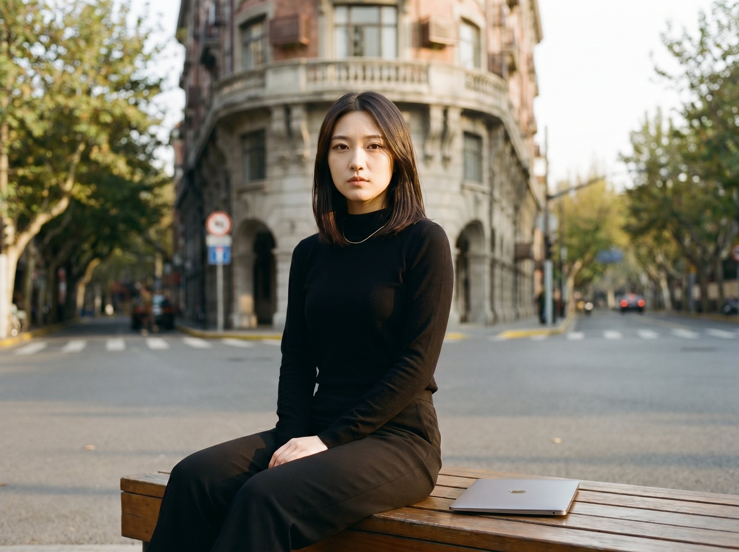 Three-quarter at the Wukang Mansion Plaza bench-corner with the Wukang-Road plane-tree-line in background, 4:3