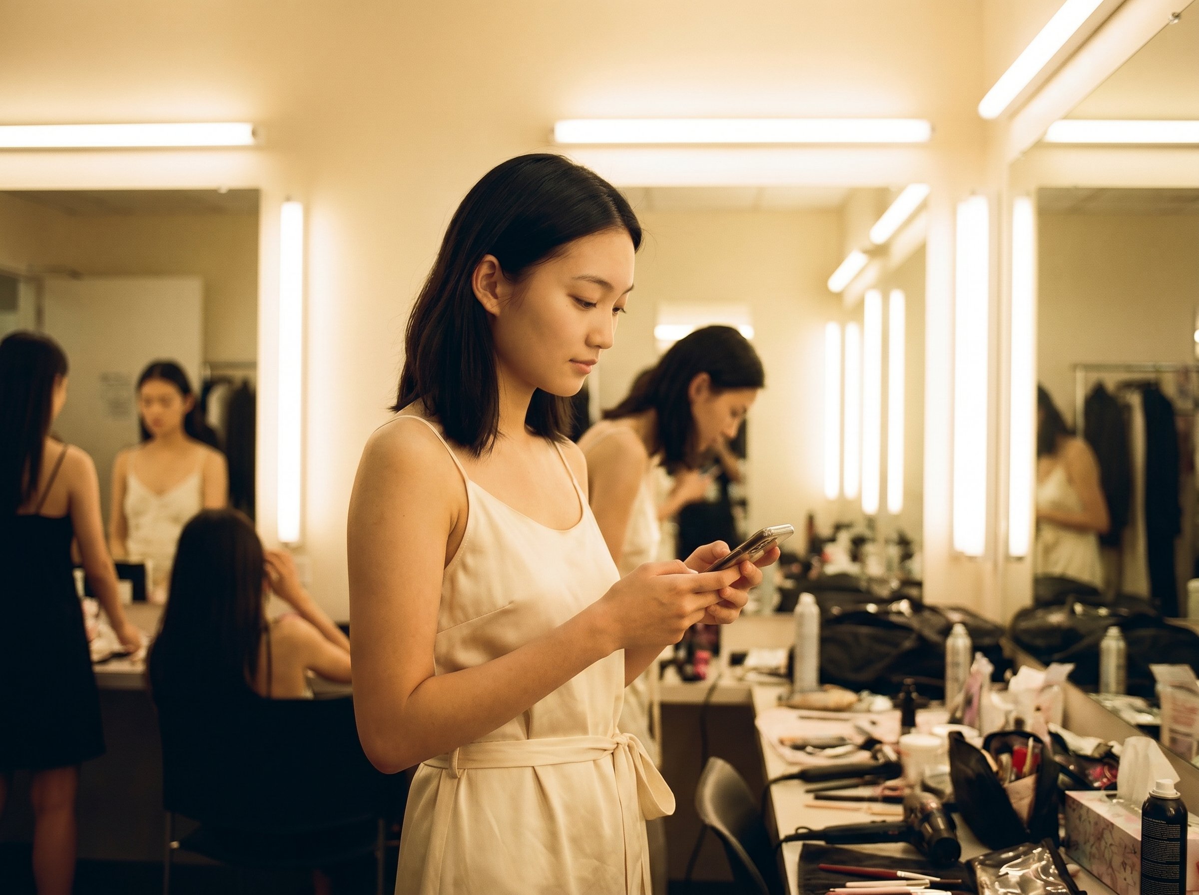 Three-quarter backstage at the Caroline Hu S/S 27 Bund-Pavilion preview changing-area between looks, 4:3