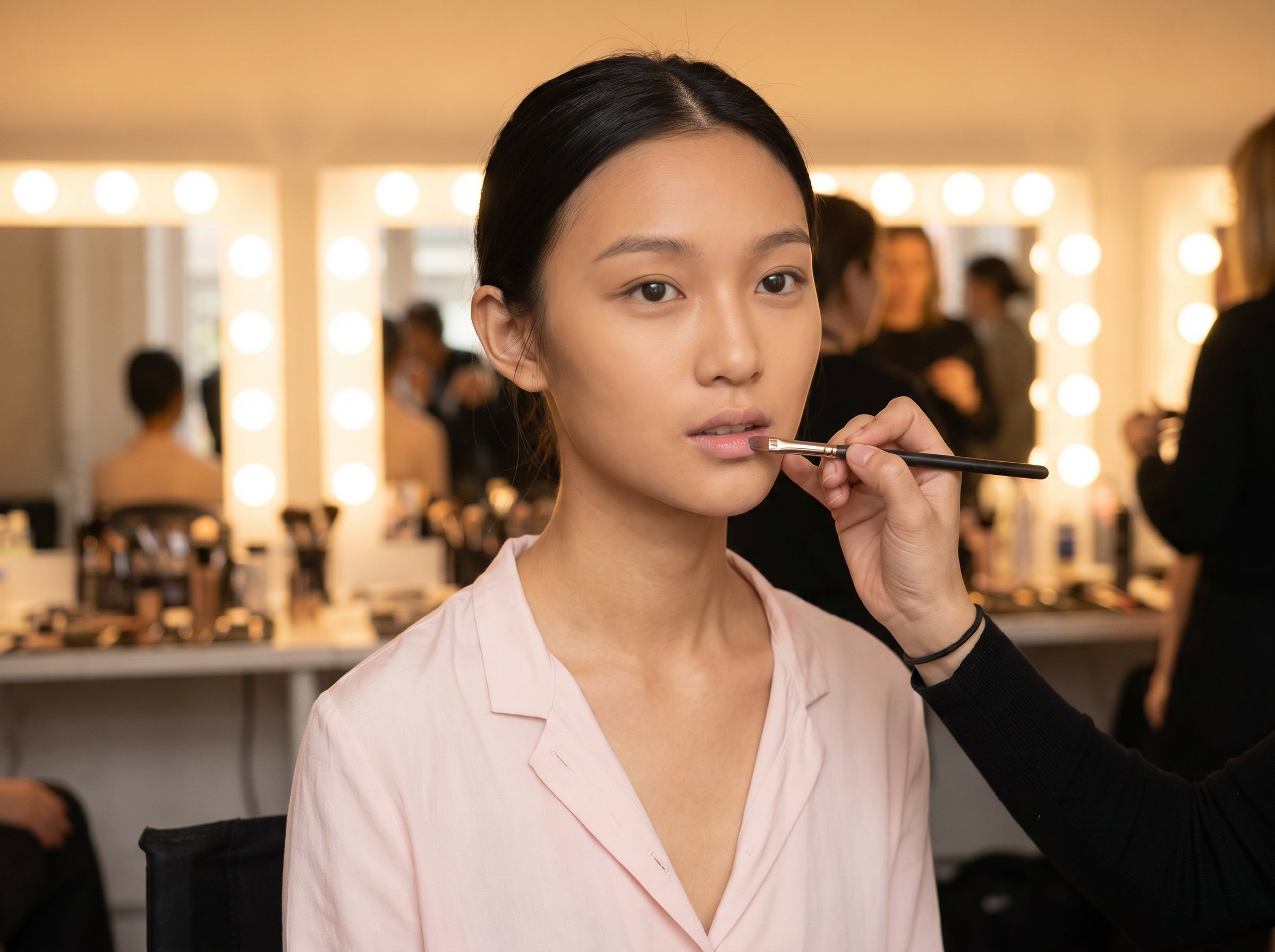 Three-quarter at the backstage make-up counter mid-look-touch-up between fourth and fifth walks, 4:3