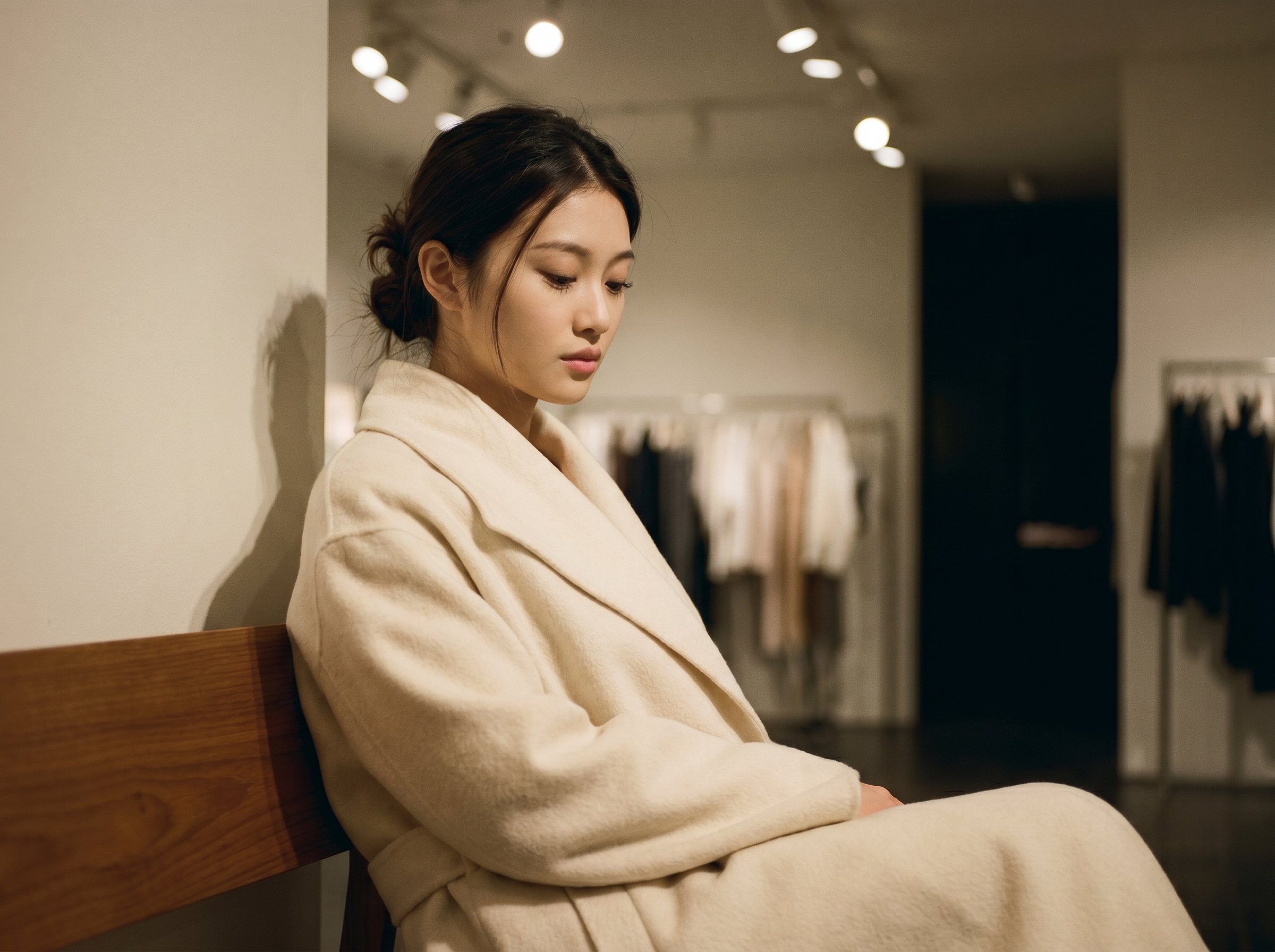Three-quarter at the showroom post-walk waiting-bench corner with the look-five coat draped on her lap, 4:3