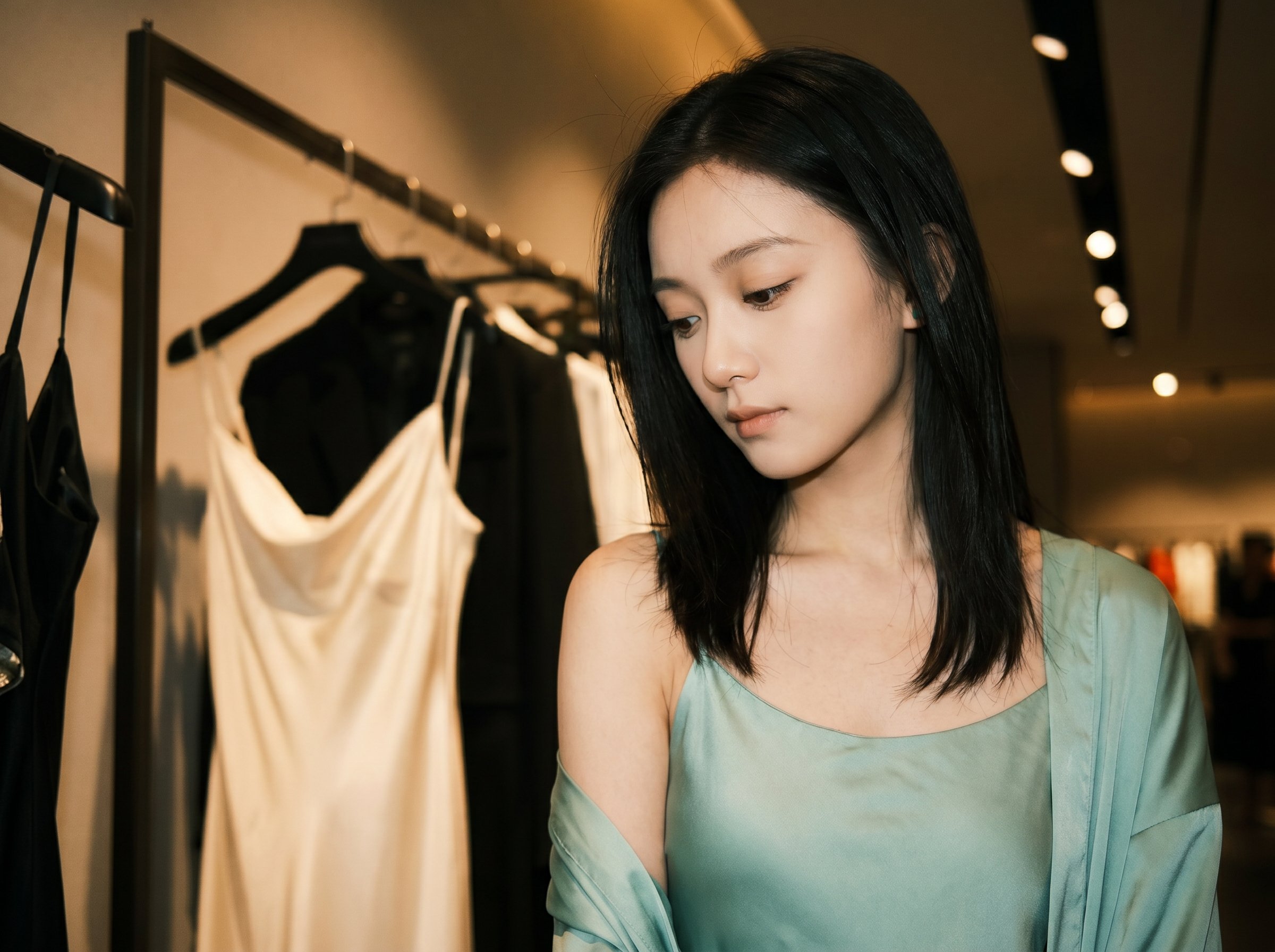 Three-quarter at the showroom rack-aisle corner post-walk with the look-seven shawl half-falling, 4:3