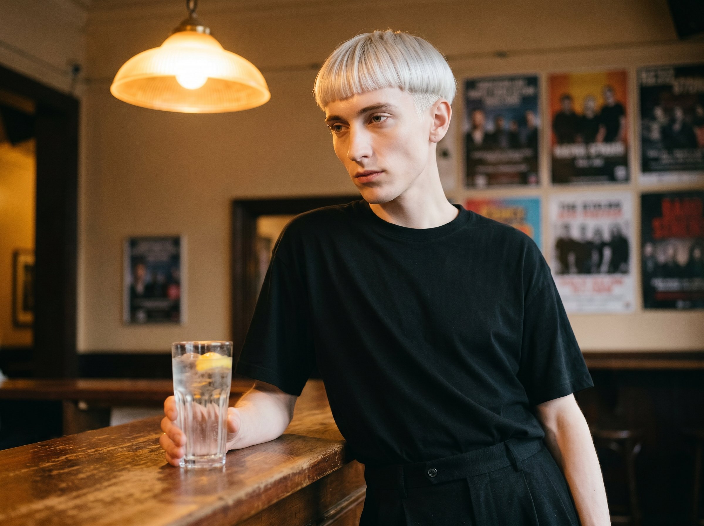 Three-quarter at the Lansdowne-Hotel-Newtown front-bar Wednesday-night with a fluted-tall-glass of soda, 4:3