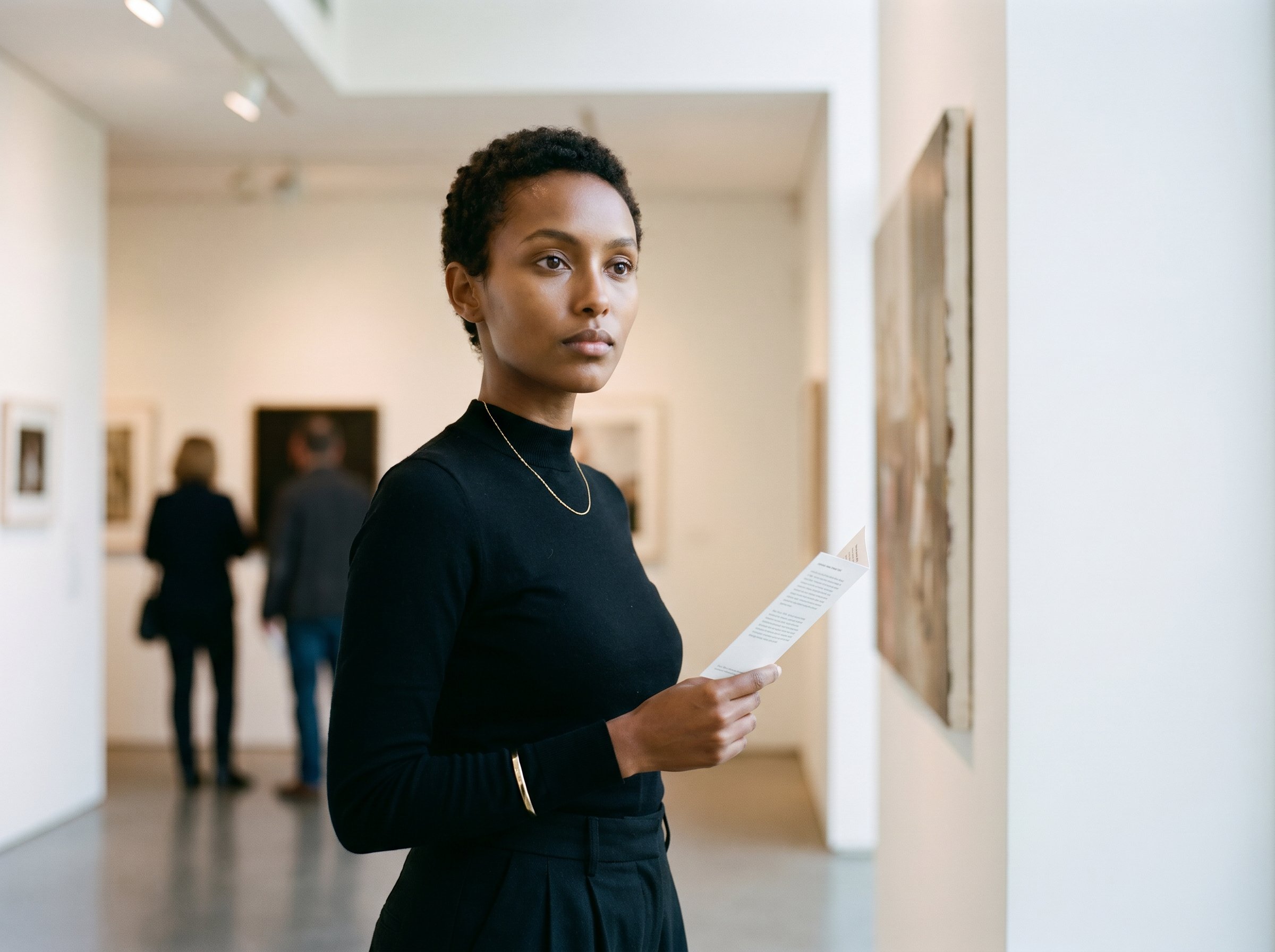 Three-quarter at the Roslyn-Oxley9-Paddington-Soudan-Lane gallery-foyer with a folded exhibition-card in hand, 4:3