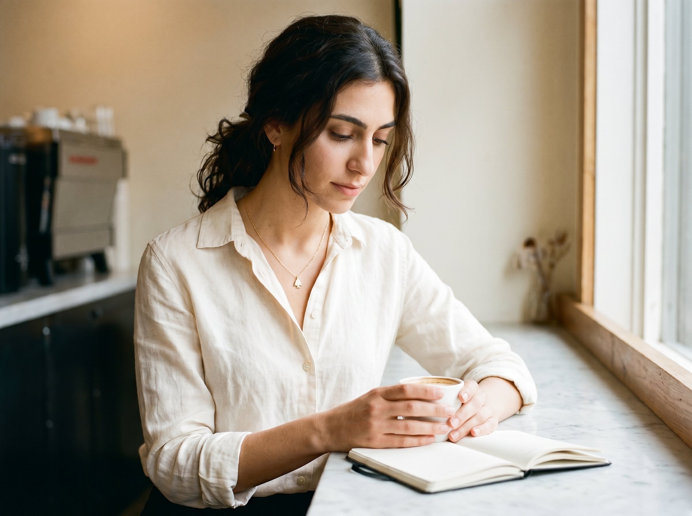 Three-quarter at the Single-O Reservoir-Street counter-corner with the cedar-pendant catching the light, the flat-white and the small A6-notebook on the marble-top, 4:3