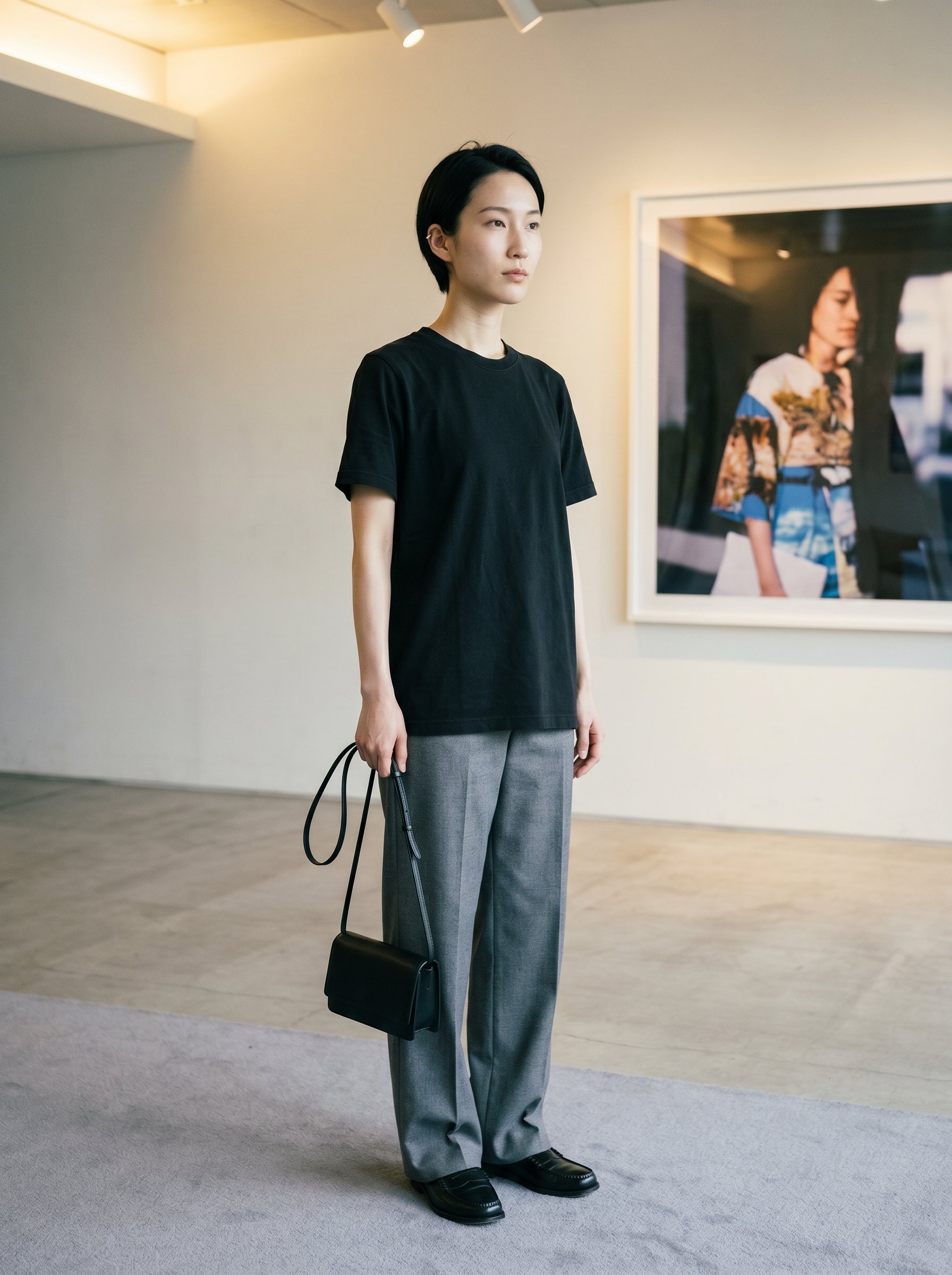 Mid-body genderless silhouette, black overdye tee plus wide tailored trousers, small cross-body bag