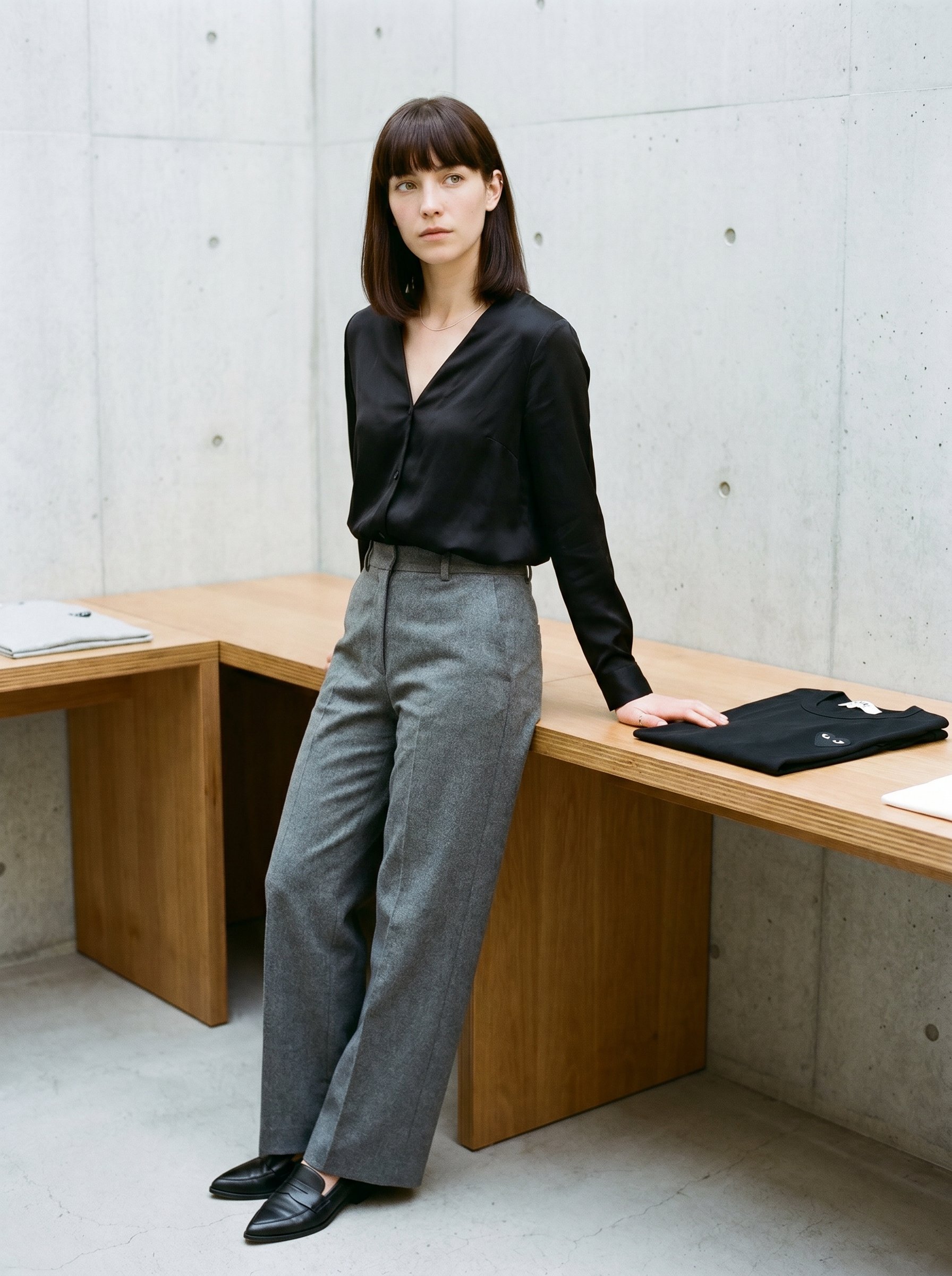 Mid-body Comme PLAY corner, oversized red-heart embroidery on charcoal sweater, three-quarter back-window light