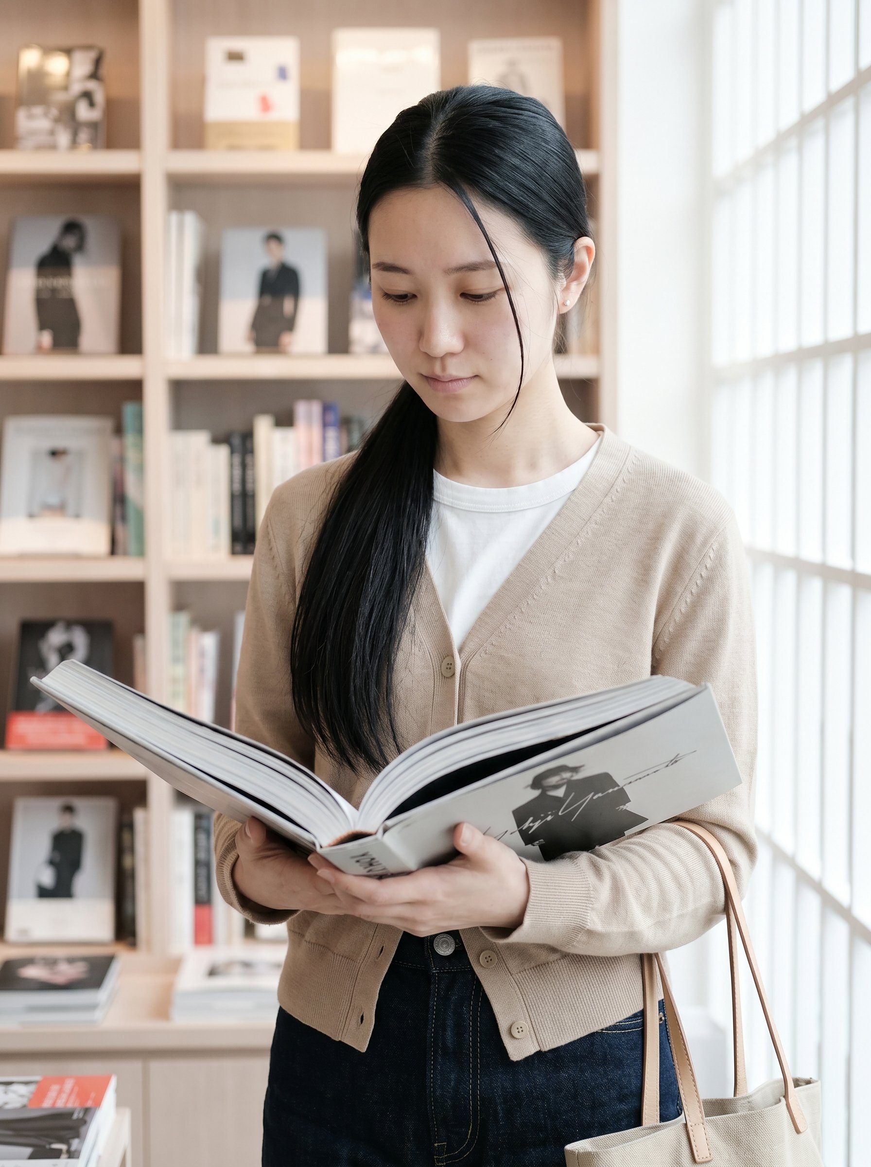Mid-body T-Site bookshelves, paging through a Yohji monograph, long black ponytail, three-quarter side-profile-leaning