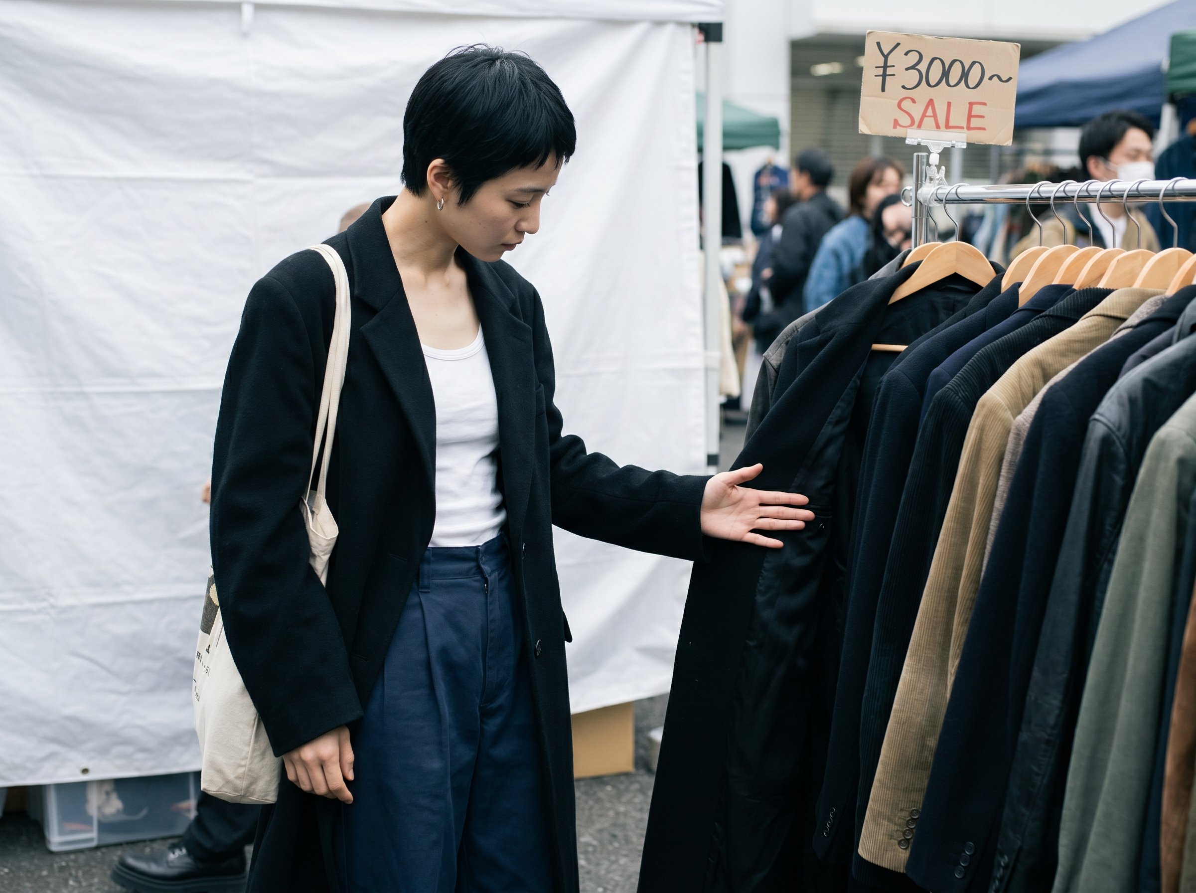 Three-quarter at the Shimokitazawa flea-market vintage stall, hand at the seam-finish of a 1990s Comme tailored coat