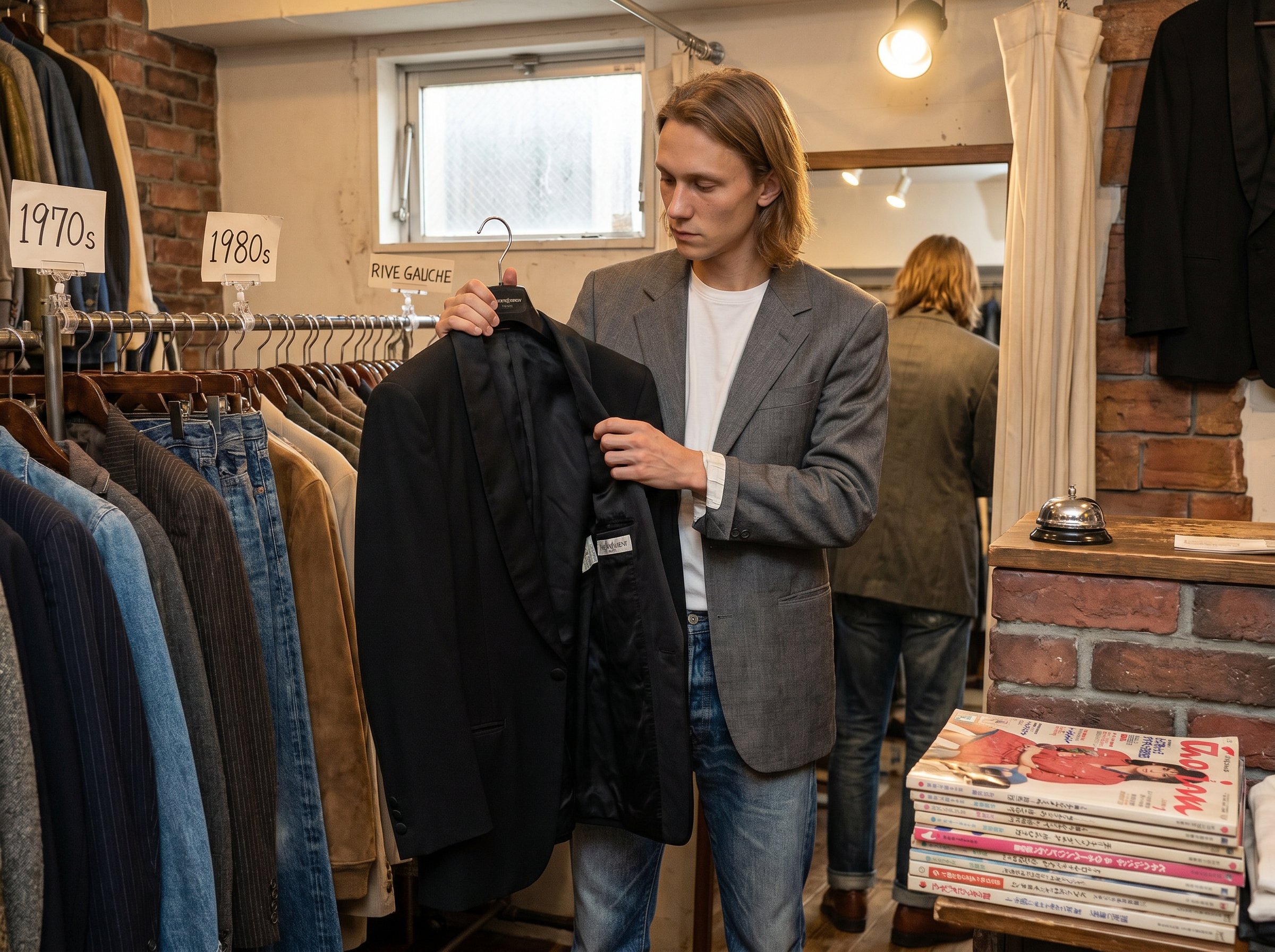 Three-quarter at a Shimokitazawa Suzunari-doori second-floor vintage store, holding a 1985 Saint Laurent collarless smoking jacket against himself