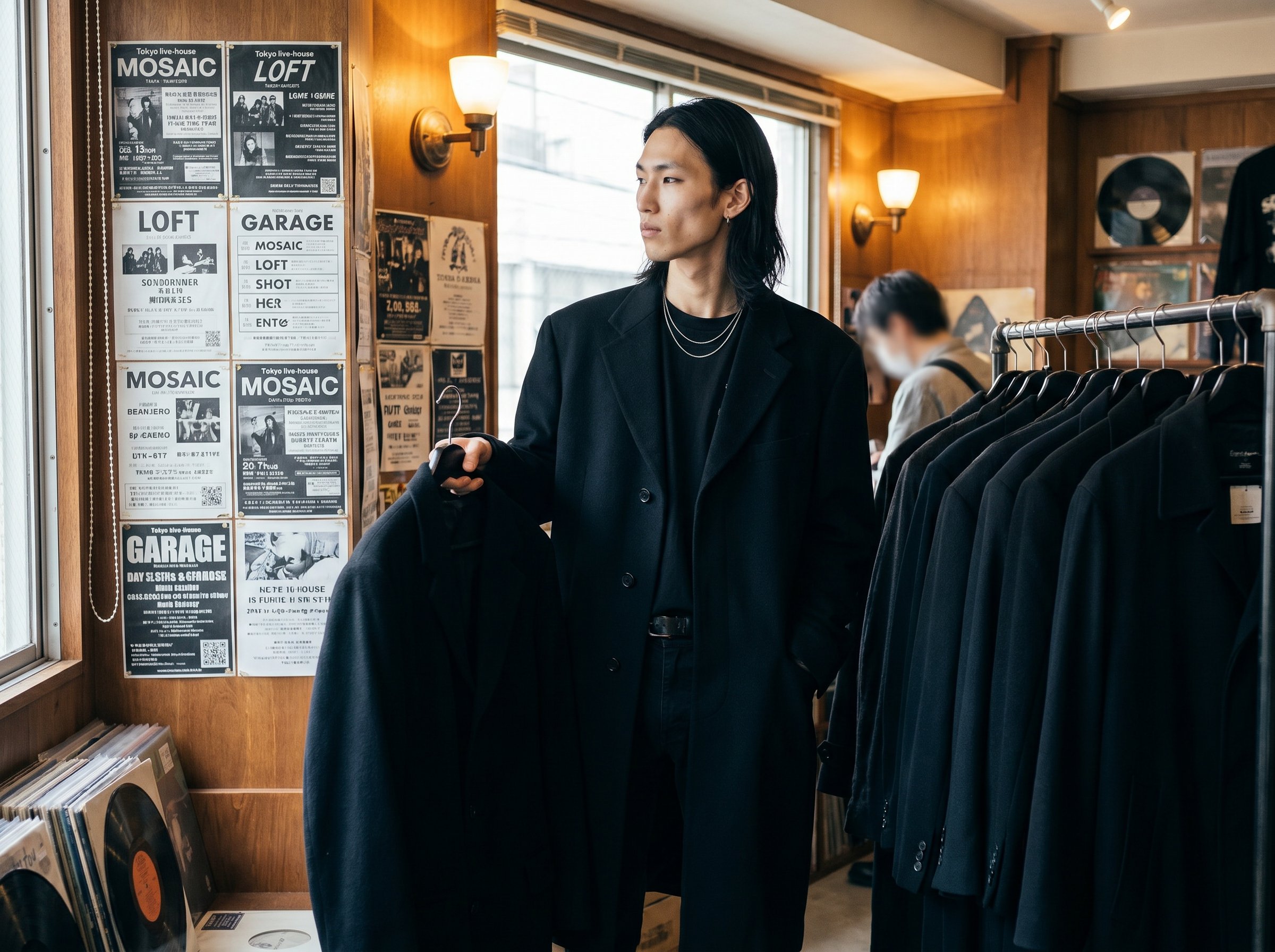 Three-quarter at a Koenji Pal-Straße vintage store, just-bought 1990s tailored coat over the band tee, hand on a hanger