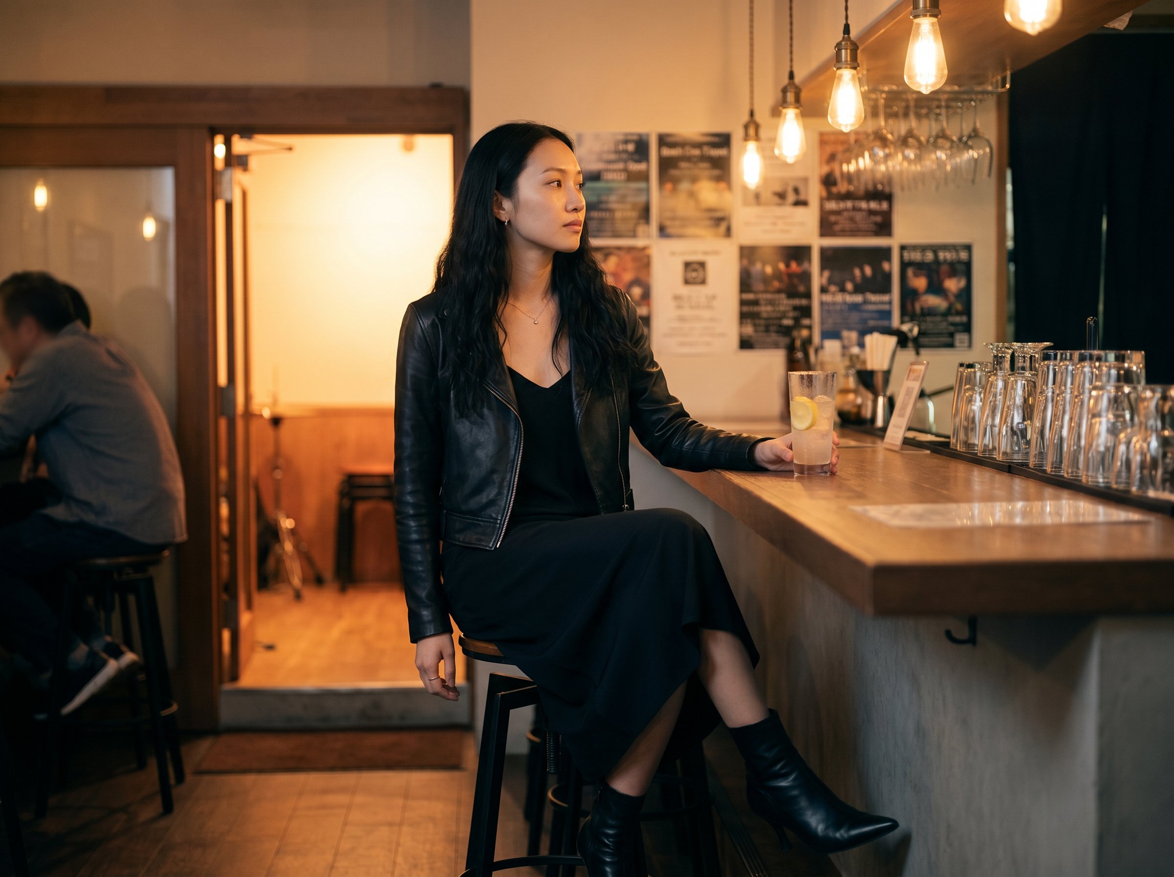 Three-quarter at a small Shimokitazawa live-house bar pre-show, lemon-sour in right hand, head turned toward the live-room doorway