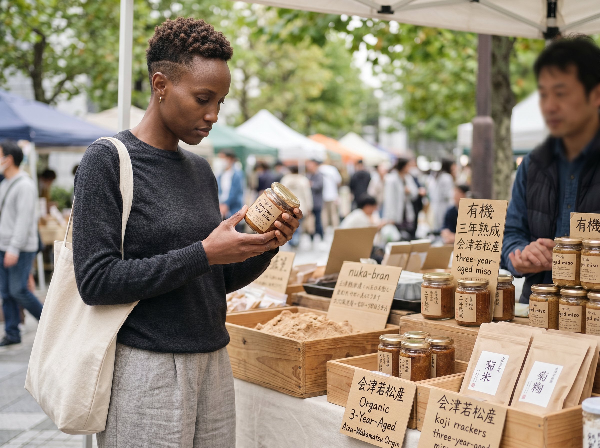 Three-quarter at the Aoyama Farmers Market koji-fermented-goods stall, jar of three-year-aged miso held in both hands, kraft-paper price-sign and a wooden crate of nuka-bran behind