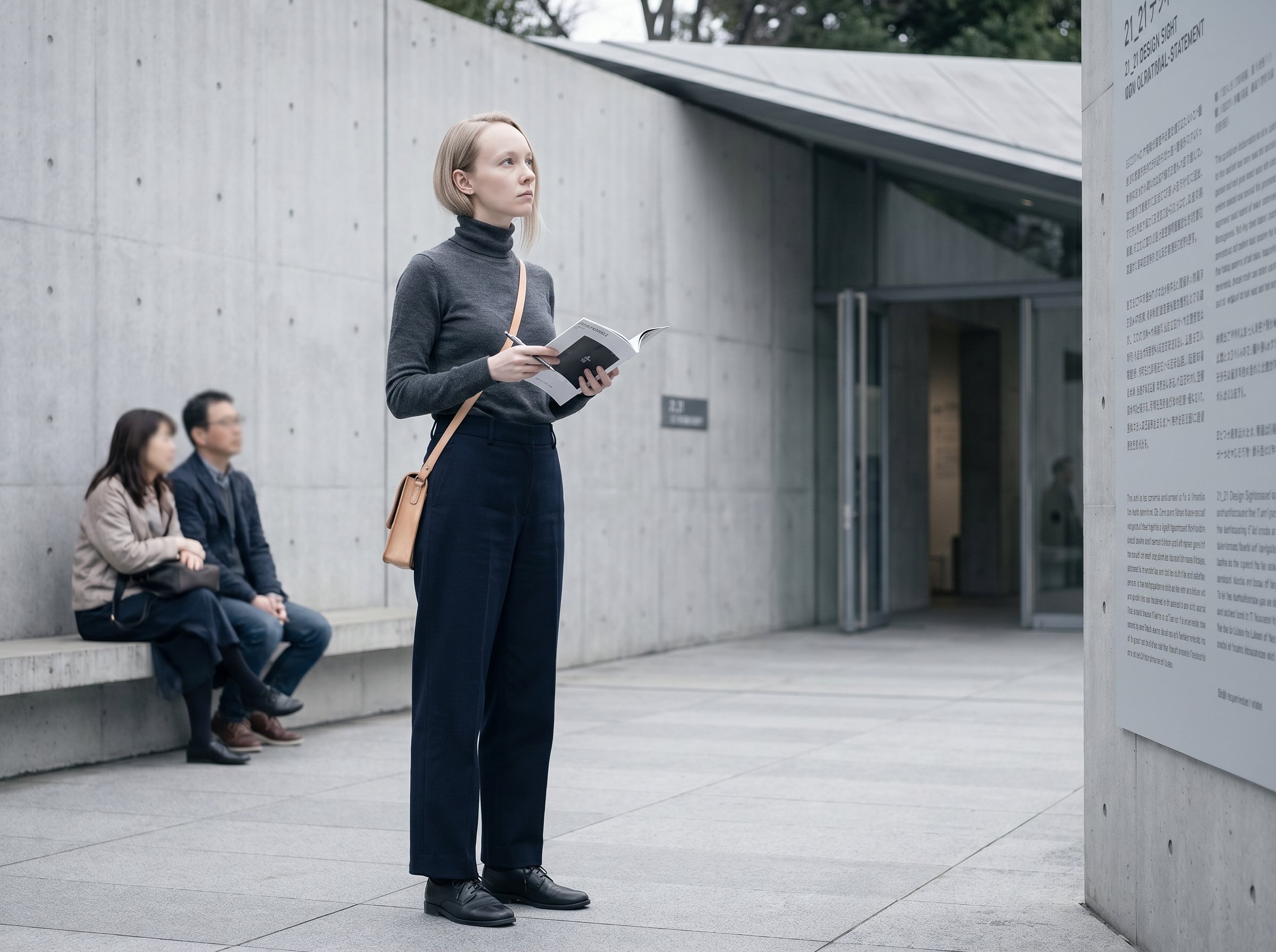 Three-quarter at the 21_21 Design Sight Tomigaya entrance-courtyard, exhibition-booklet held in right hand, head tilted up reading the wall-mounted exhibition-statement