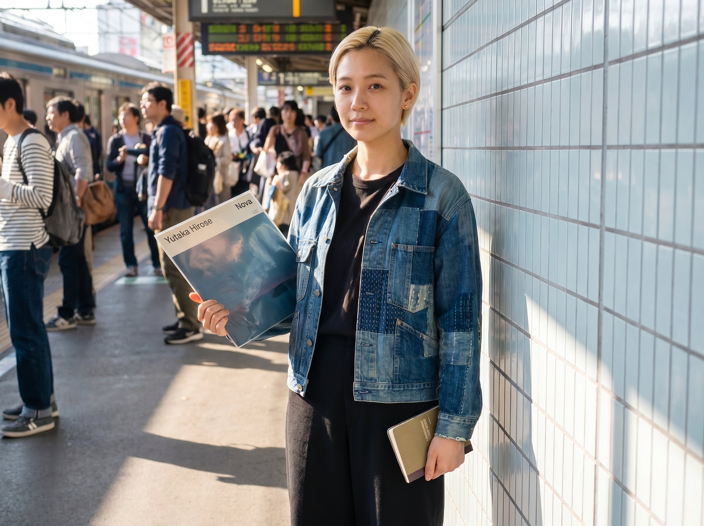 Three-quarter standing at the Big-Love-Records-Pop-up Bahnsteig-Side-Wall-Zone Sunday midday 12:30 JST, holding a Yutaka-Hirose Nova plus 4 LP-sleeve up to the side-light, a small khaki-canvas Hobonichi-Techo in the left hand at hip-height, 4:3