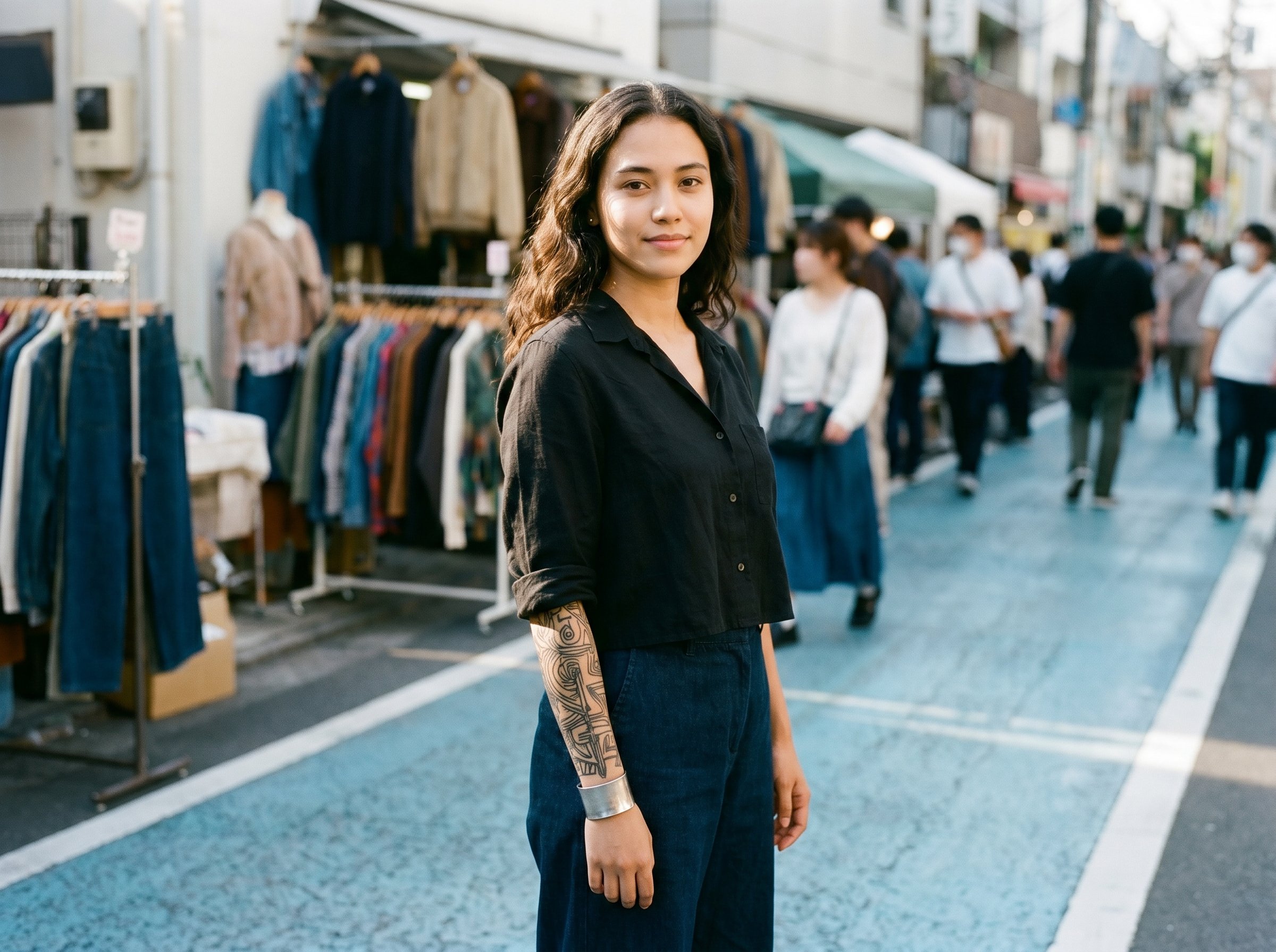 Three-quarter standing at the Shimokita-Flea-Market-Hauptkorridor Vintage-Stall-Pop-up Sunday midday 13:00 JST, full-sleeve-tattoo Iberê-Camargo-Porto-Alegre-line right forearm exposed, single thick-silver-cuff right wrist, 4:3