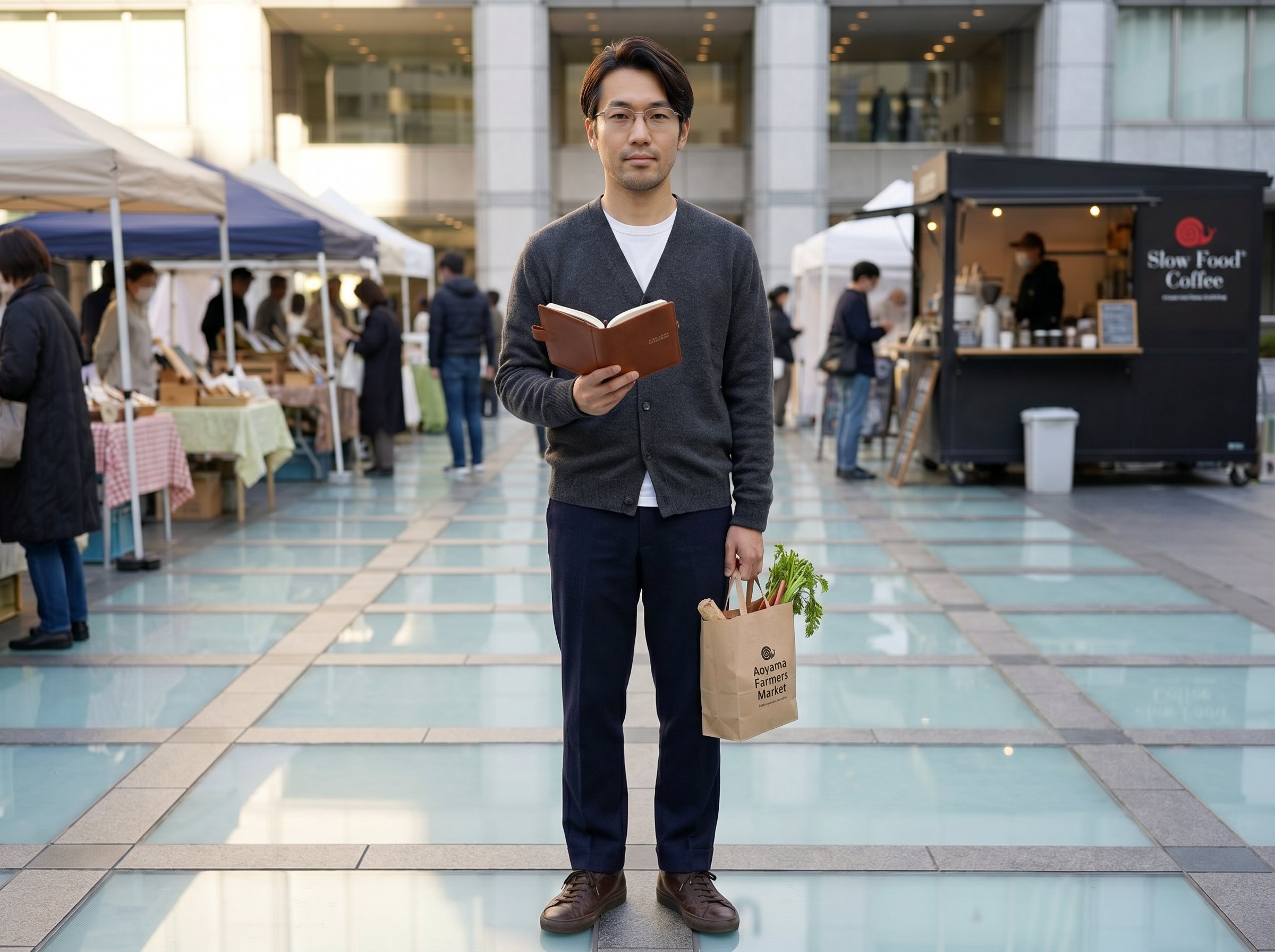 Three-quarter standing at the United-Nations-University Aoyama-Plaza Farmers-Market Sunday afternoon 15:30 JST, holding a small dark-tan-leather A6 Hobonichi-Techo open in his right hand at chest-height plus a small Aoyama-Farmers-Market-Slow-Food-paper-bag in his left hand, 4:3