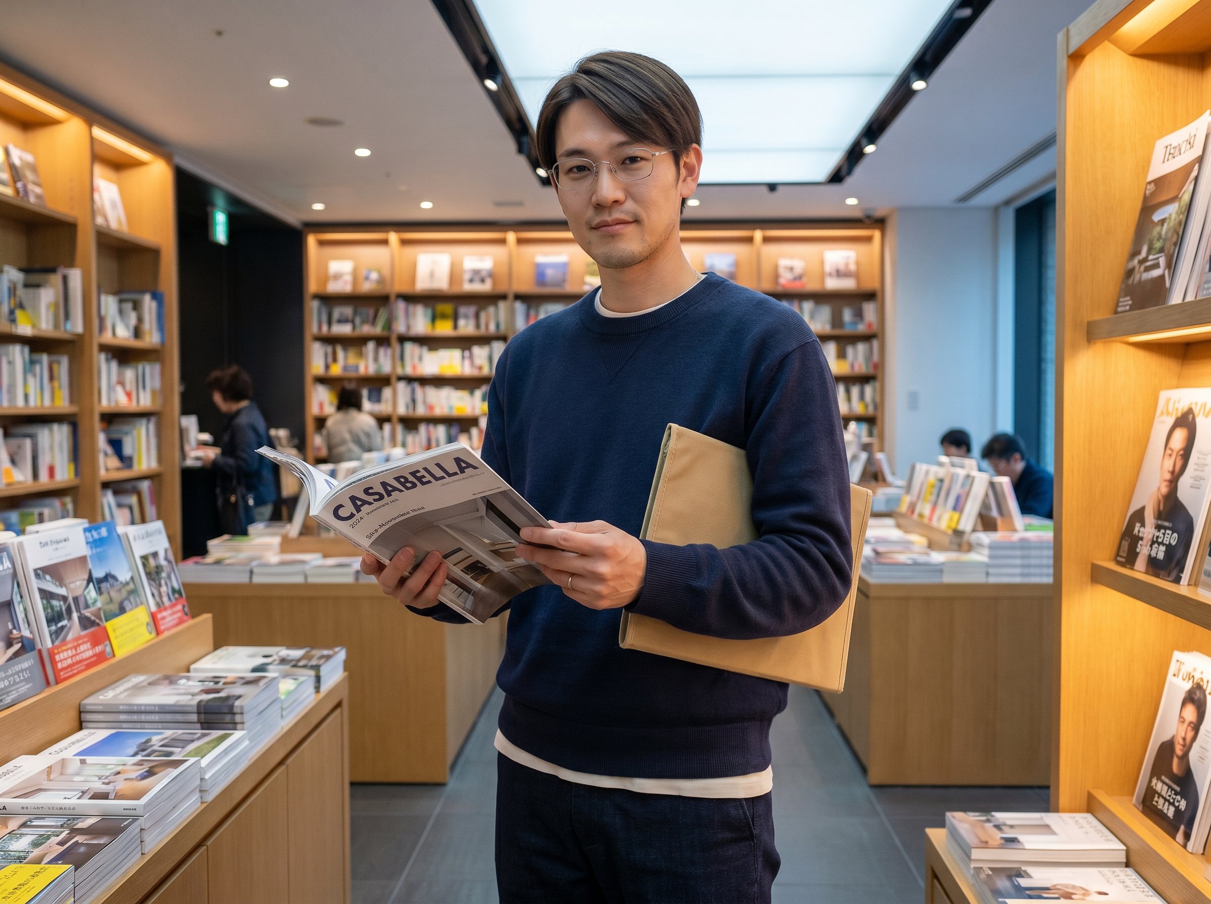 Three-quarter standing at the Daikanyama-T-Site-Tsutaya-Hillside-Terrace Architecture-Floor Magazine-Stand-Mitte-Korridor Sunday late-afternoon 18:00 JST, holding an open Casabella 2024-November-Issue plus a soft-pencil A4-sketch-folder under the left arm, 4:3
