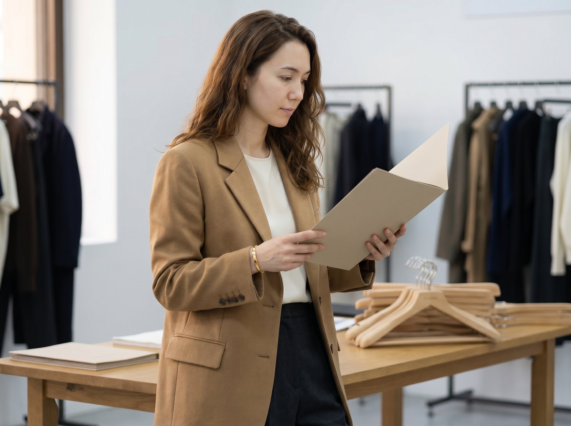 Three-quarter standing behind the SS27-Proof-Stand with a Marseille-Direction-Familien-thin-gold-line ear-ring catching the showroom-side-light, holding a Lemaire-Resort-buyer-card in her left hand at hip-height, 4:3