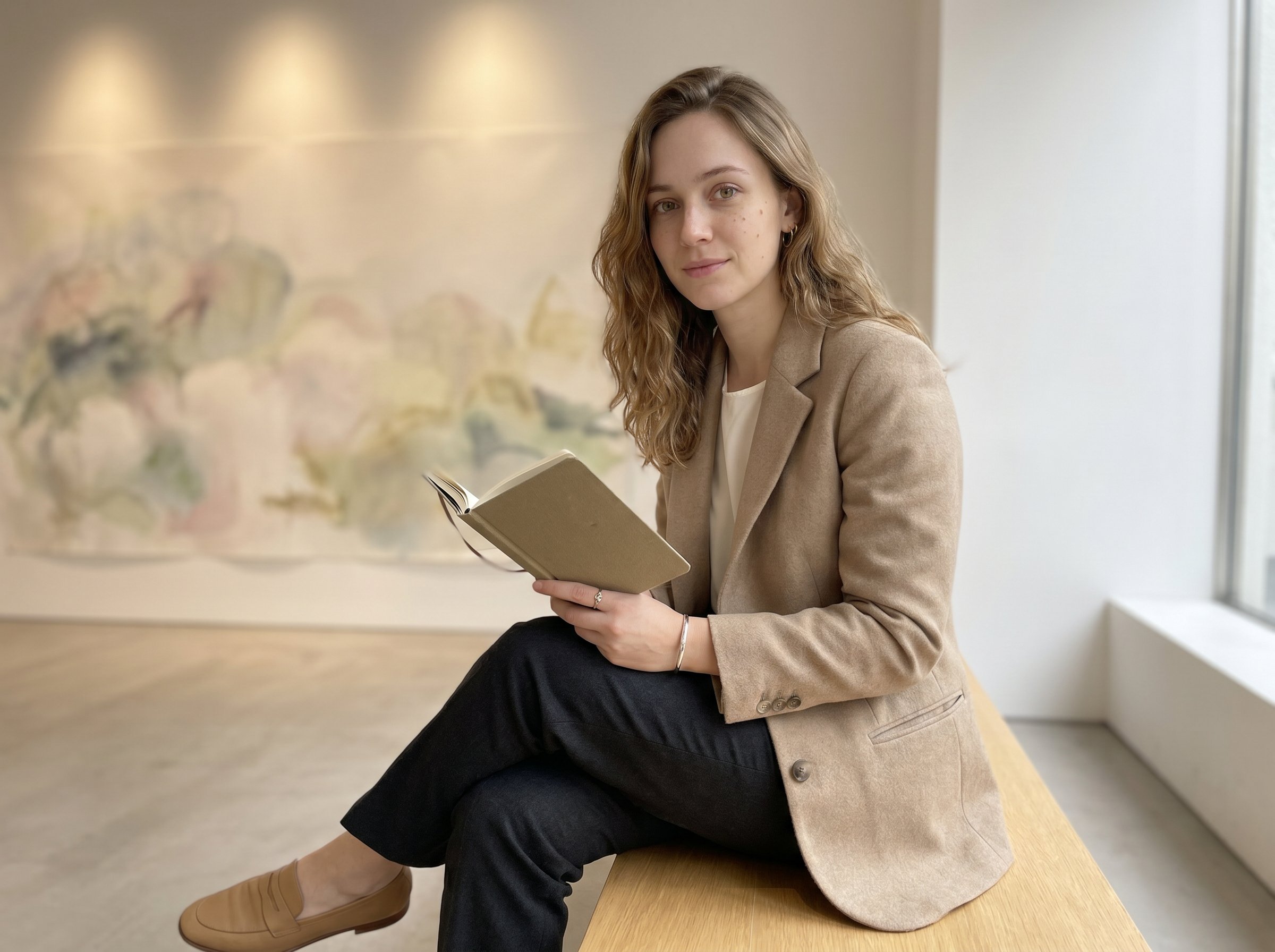 Three-quarter standing at the Perrotin-Tokyo-Denize-Schau-Bench-Side-Position holding a small dark-tan-leather A6 gallery-assistant-notebook plus a quiet thin-gold ring on her left middle finger, 4:3