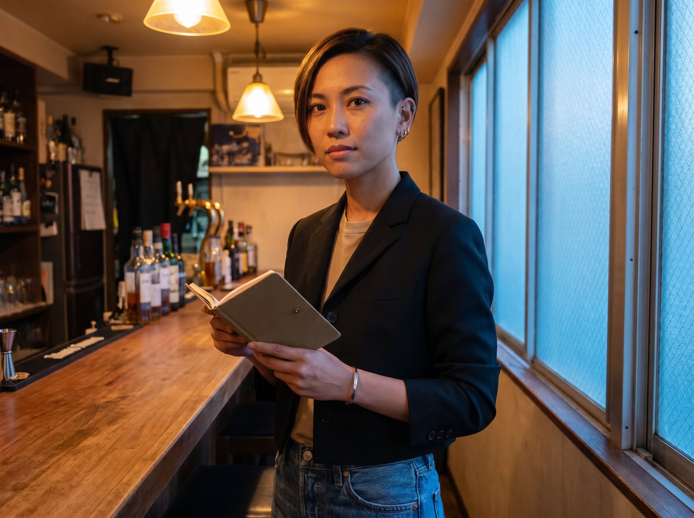 Three-quarter standing at the Forestlimit Side-Booking-Counter with a small khaki-canvas Booking-A6-Notebook open in her left hand at chest-height plus a single thin steel-cuff bracelet on the right wrist, 4:3