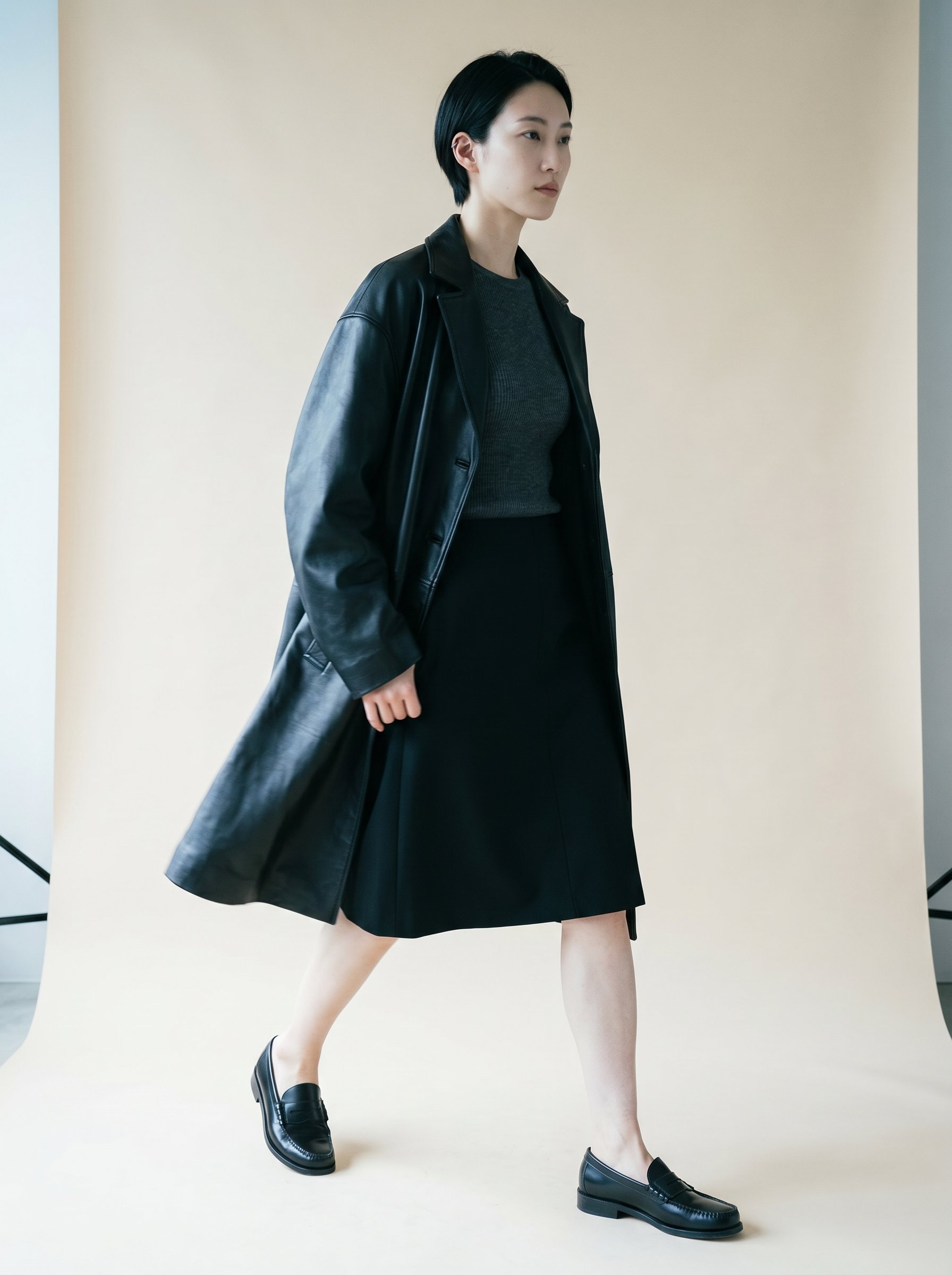 Final 2 — Hana mid-stride in black leather coat over charcoal knit and soft black A-line skirt with penny loafers, head off-axis