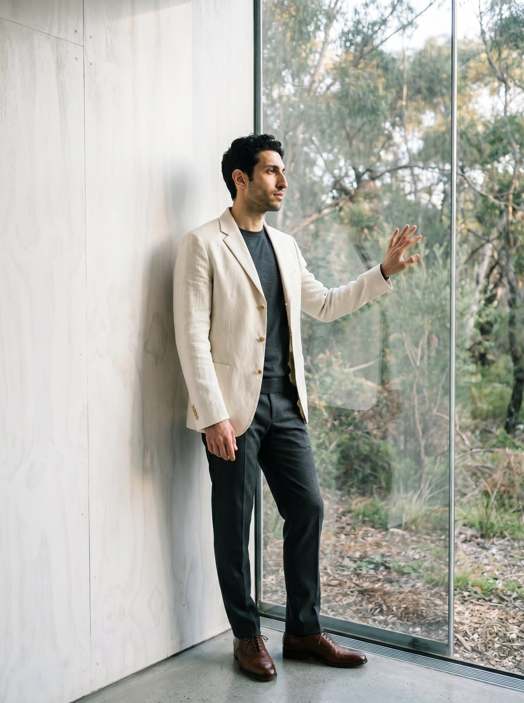 Karim at the Heide-Pavilion plywood-and-glass-screen corner, late-afternoon side-light through the screen, hochkant 3:4