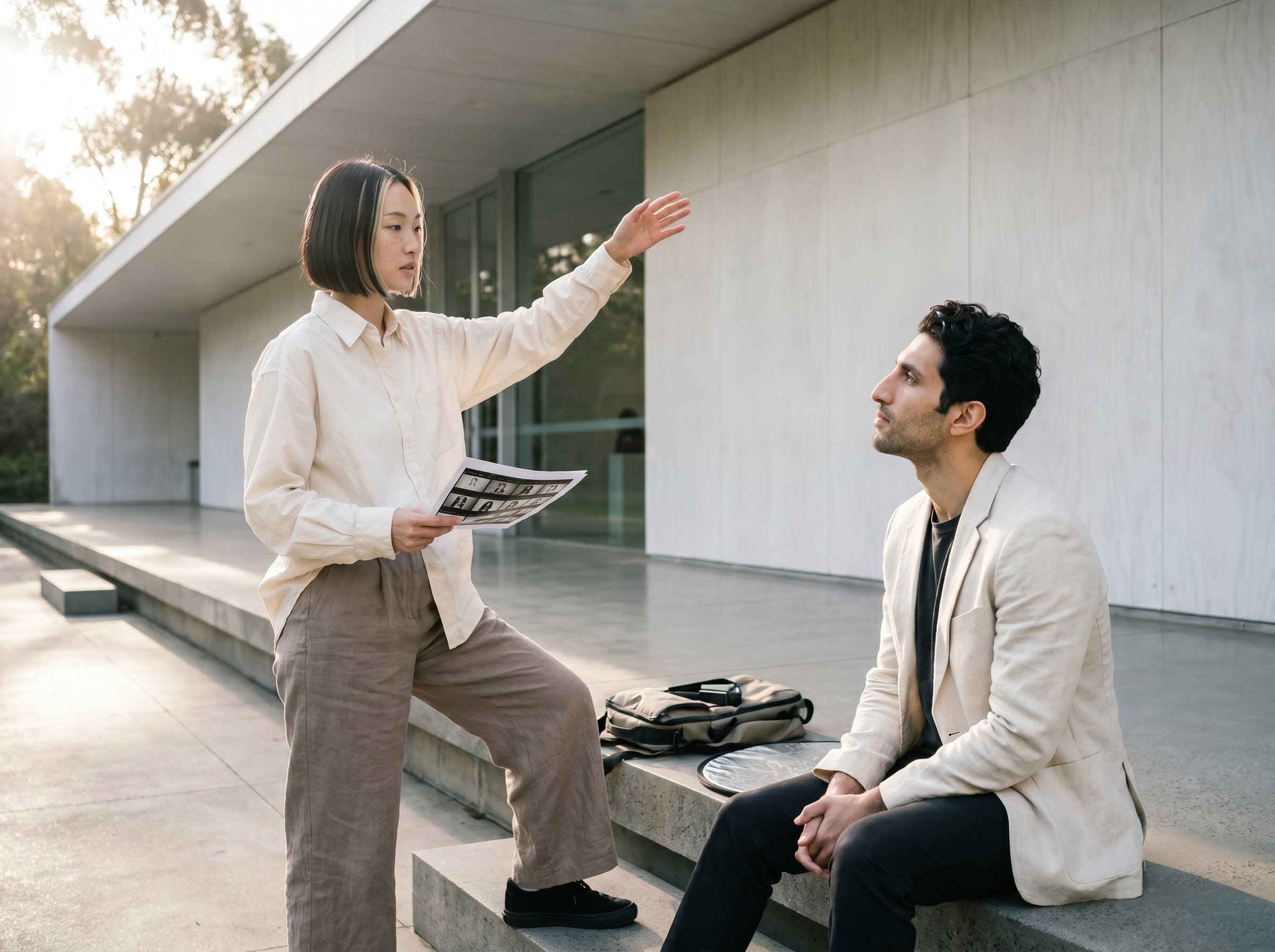 Behind-the-scenes at the Heide-Pavilion courtyard, Yuki gesturing toward the architectural-line for the framing-direction, Karim seated on the step looking up attentive, 4:3