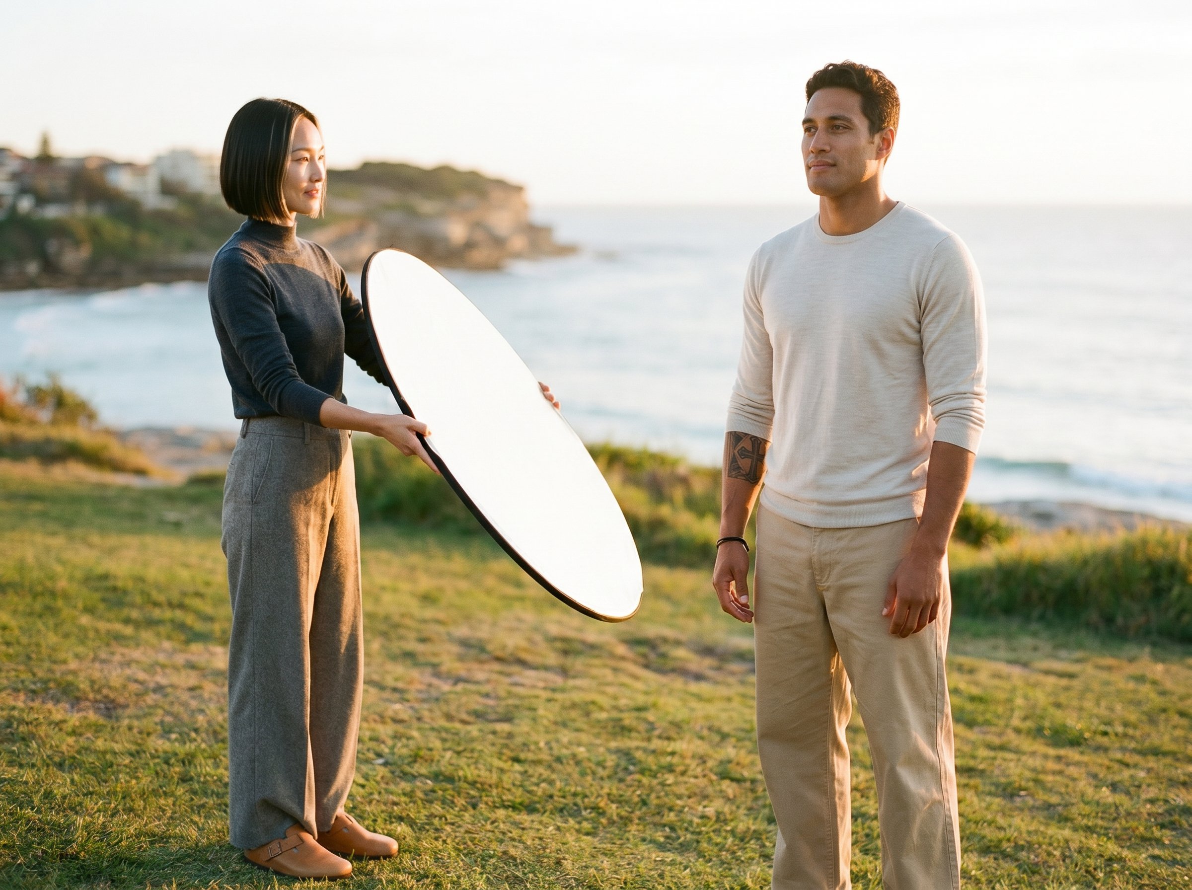 Making-of with Yuki holding a white-bounce-reflector to catch the golden-hour onto Sebastian's face, the two-figure-pause-moment on the headland-grass-line
