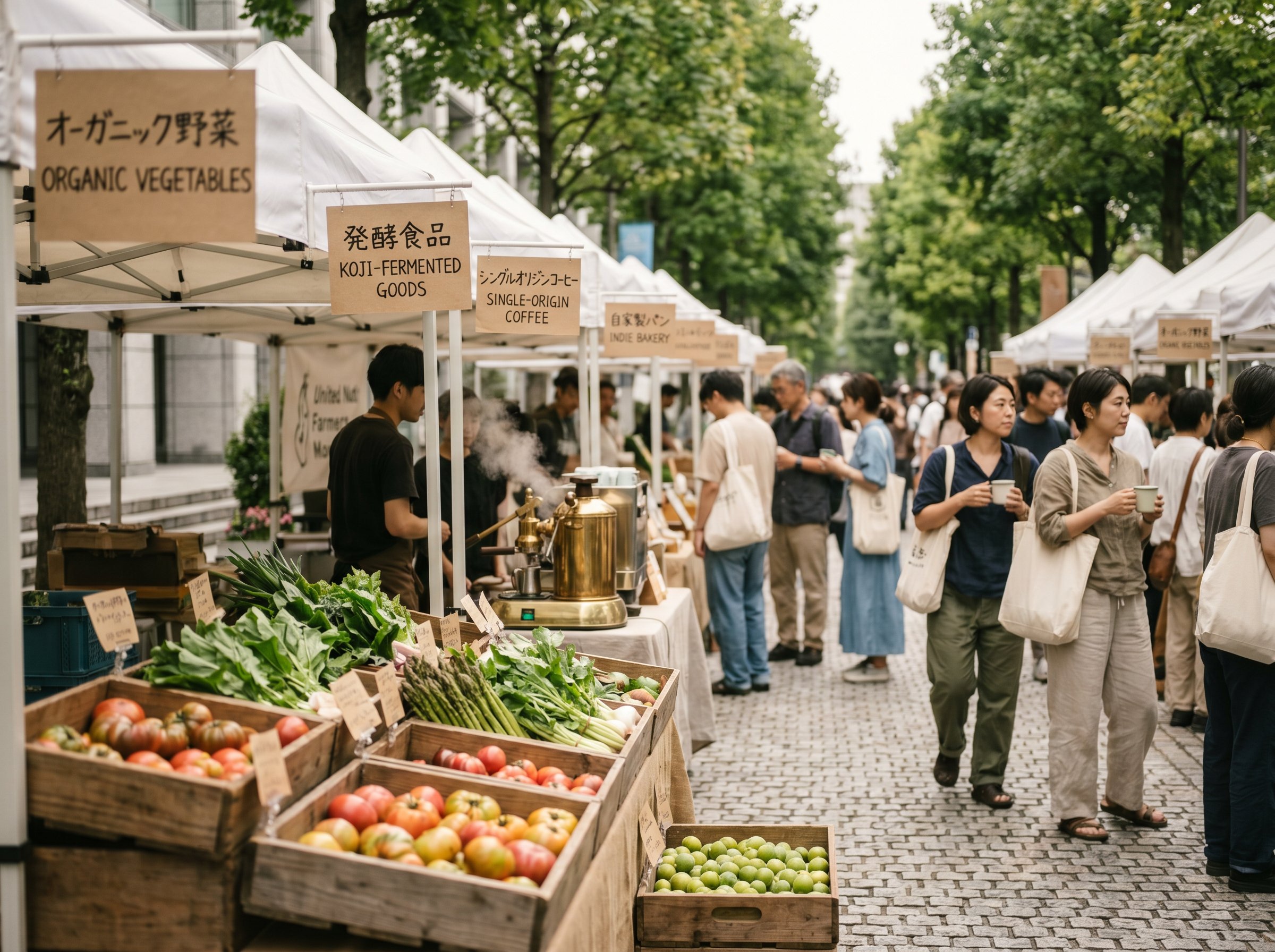 Aoyama Farmers Market in front of UNU Plaza, late-morning, brass espresso machine and wooden crates of vegetables, Sunday-brunch crowd in soft bokeh