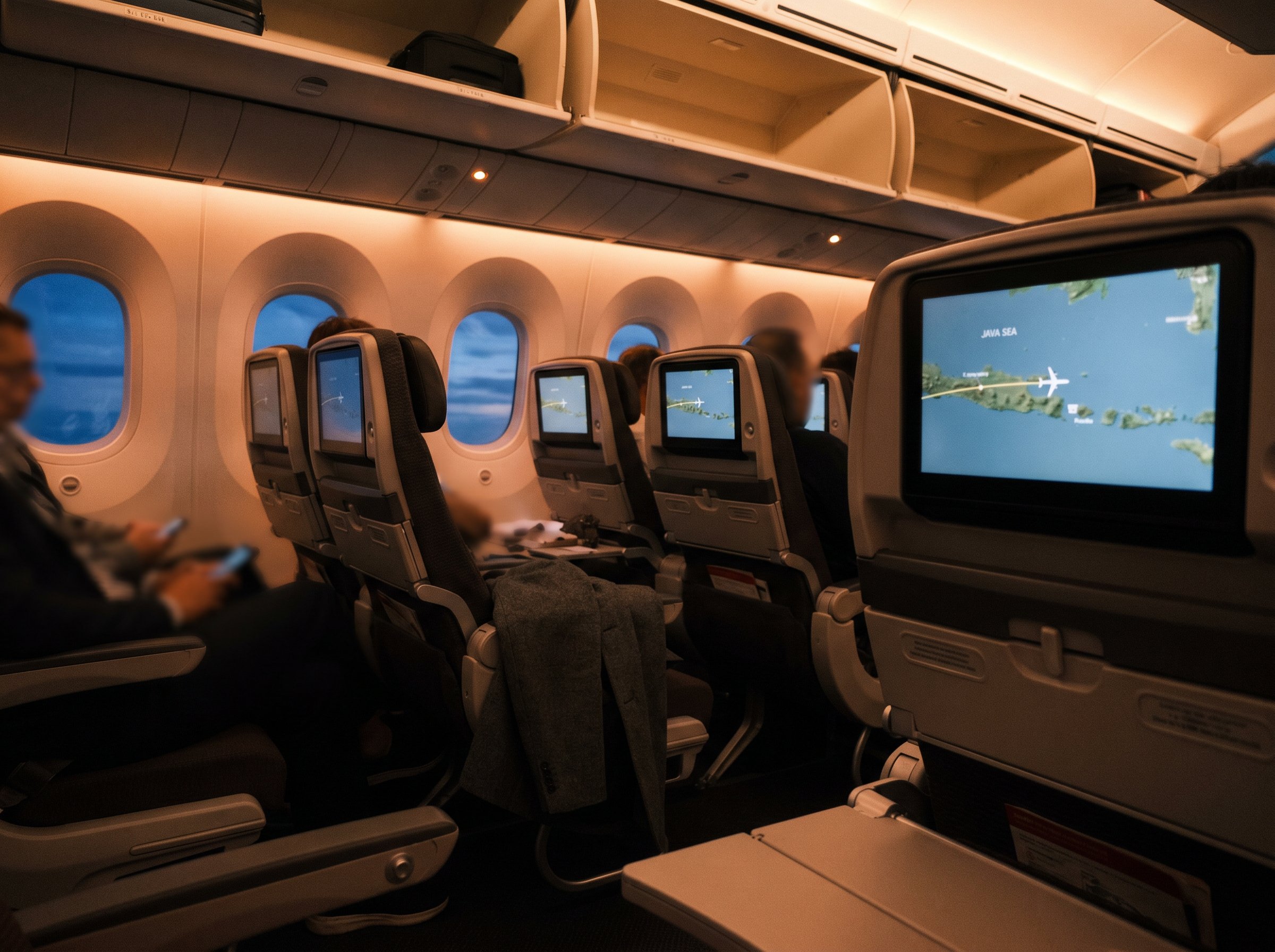 Premium-Economy cabin half-light during descent phase, looking down the dimmed aisle from row 21 window-seat, IFE seat-back screens glowing flight-progress-map cool-blue over Java-Sea, warm-amber overhead spill, blurred passenger figures, charcoal overcoat folded on an empty middle-seat in mid-distance, 4:3