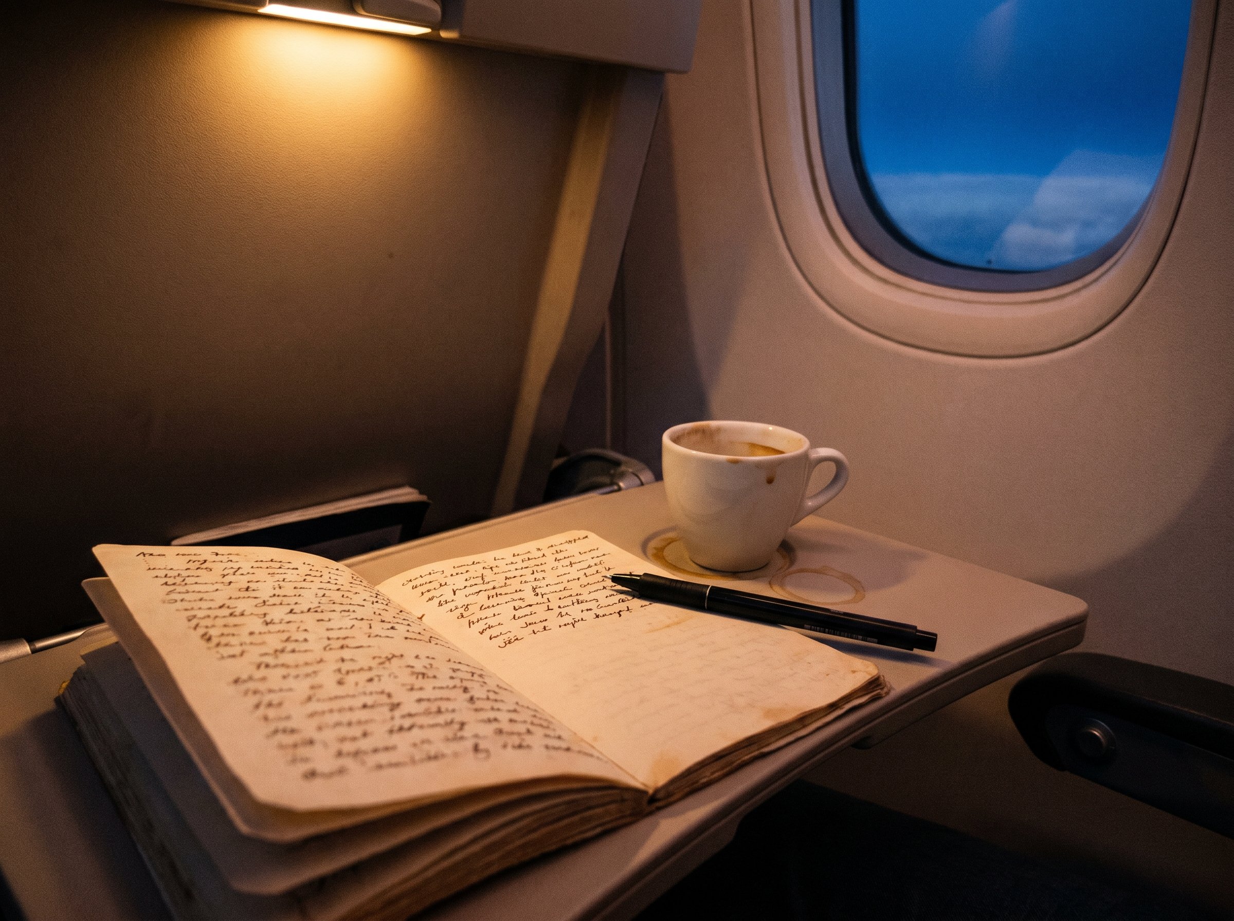 Tray-table still-life from window-seat row 21, A6 hobonichi-style notebook open with hand-written field-notes, half-full airline-espresso-cup with coffee-ring, fineliner-pen across the spine, the oval cabin-window in upper-right showing deep-blue late-flight dusk over cloud-layer, warm-amber overhead cabin-light from upper-left, 4:3