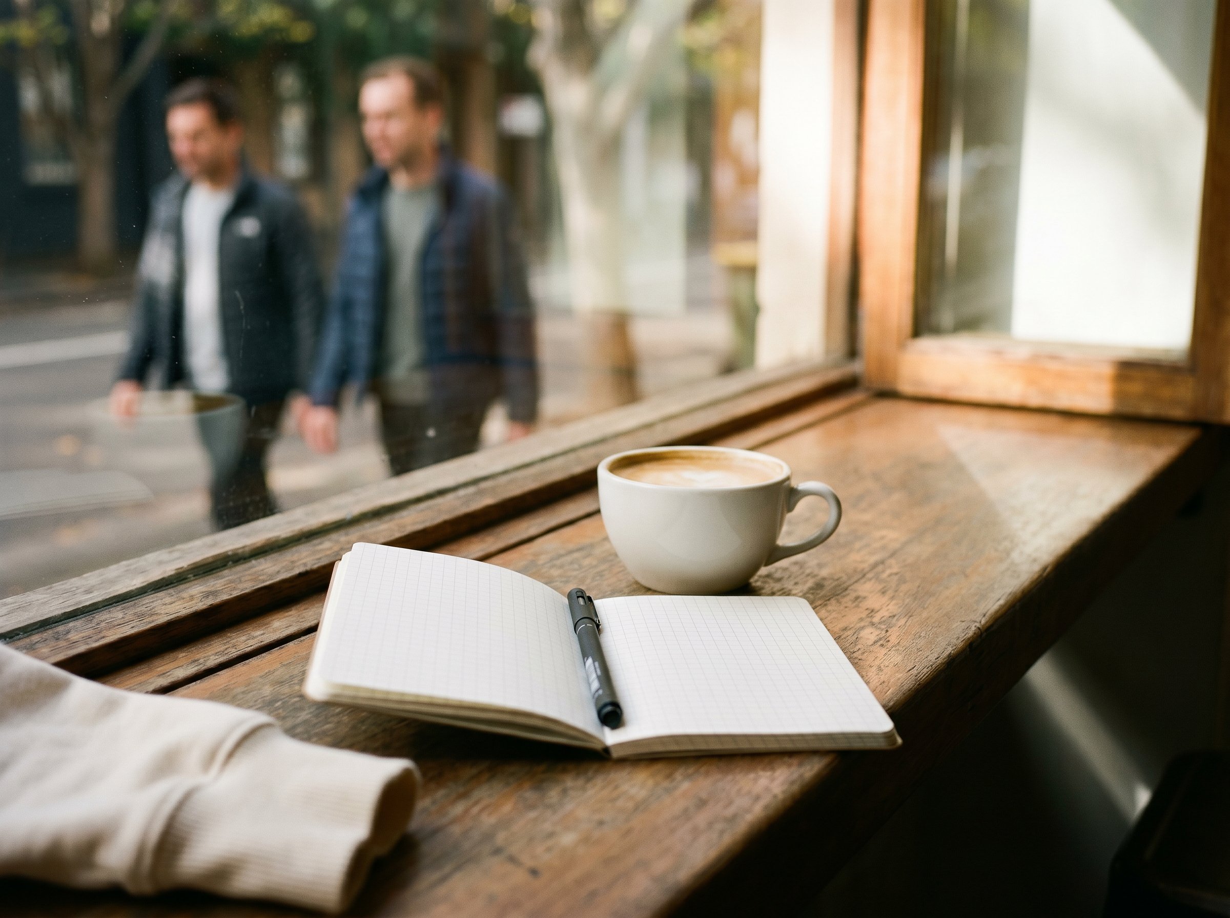 Single-O Reservoir-Street window-bench Surry-Hills mid-morning, flat-white in a white ceramic cup on the wooden window-bar, A6 paper-notebook open to a blank-grid-page