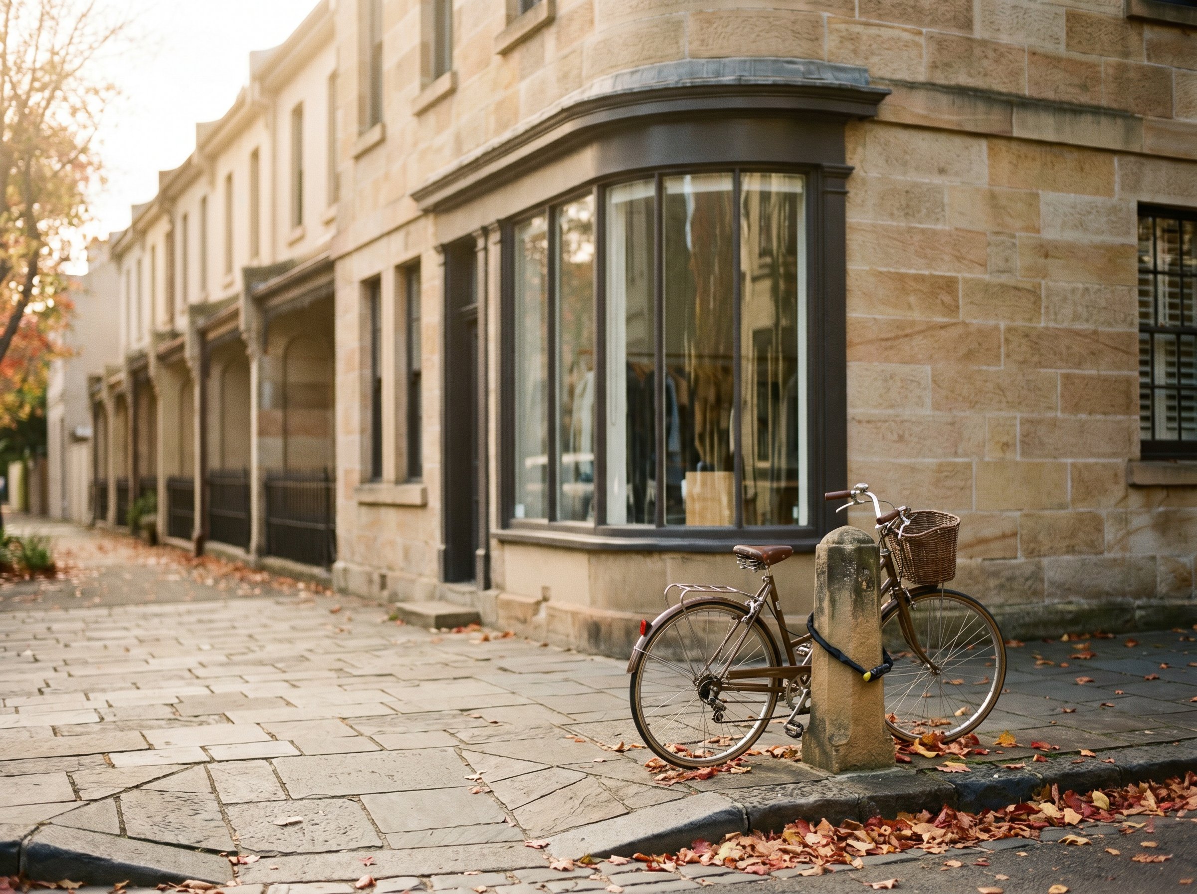 Paddington Five Ways intersection Glenmore-Road midday, sandstone-terrace facade, the corner-boutique window-line in soft autumn-light