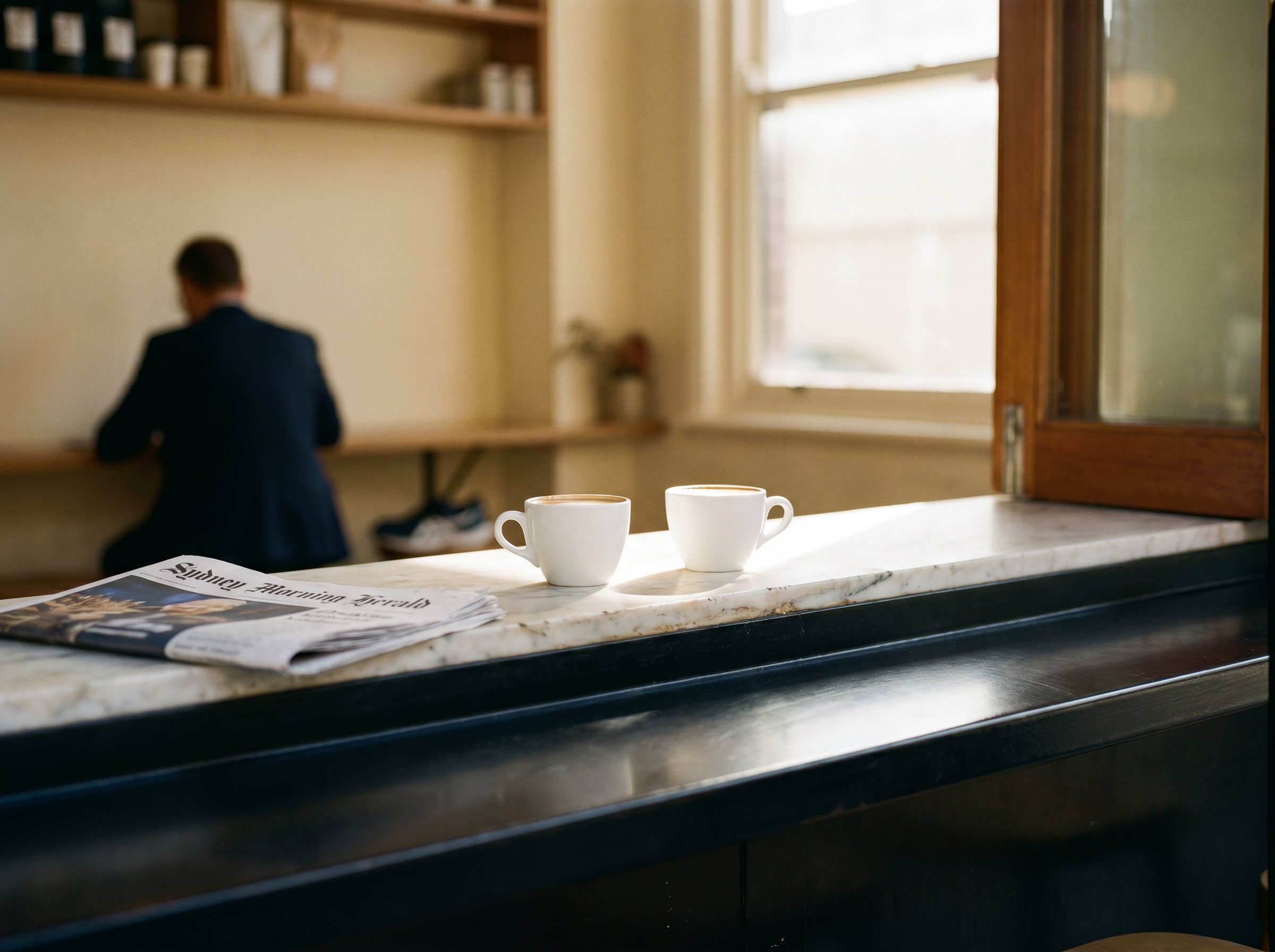 Single-O Reservoir-Street Surry-Hills Thursday late-morning, the counter-corner from inside, two coffees on the marble-top in soft north-light