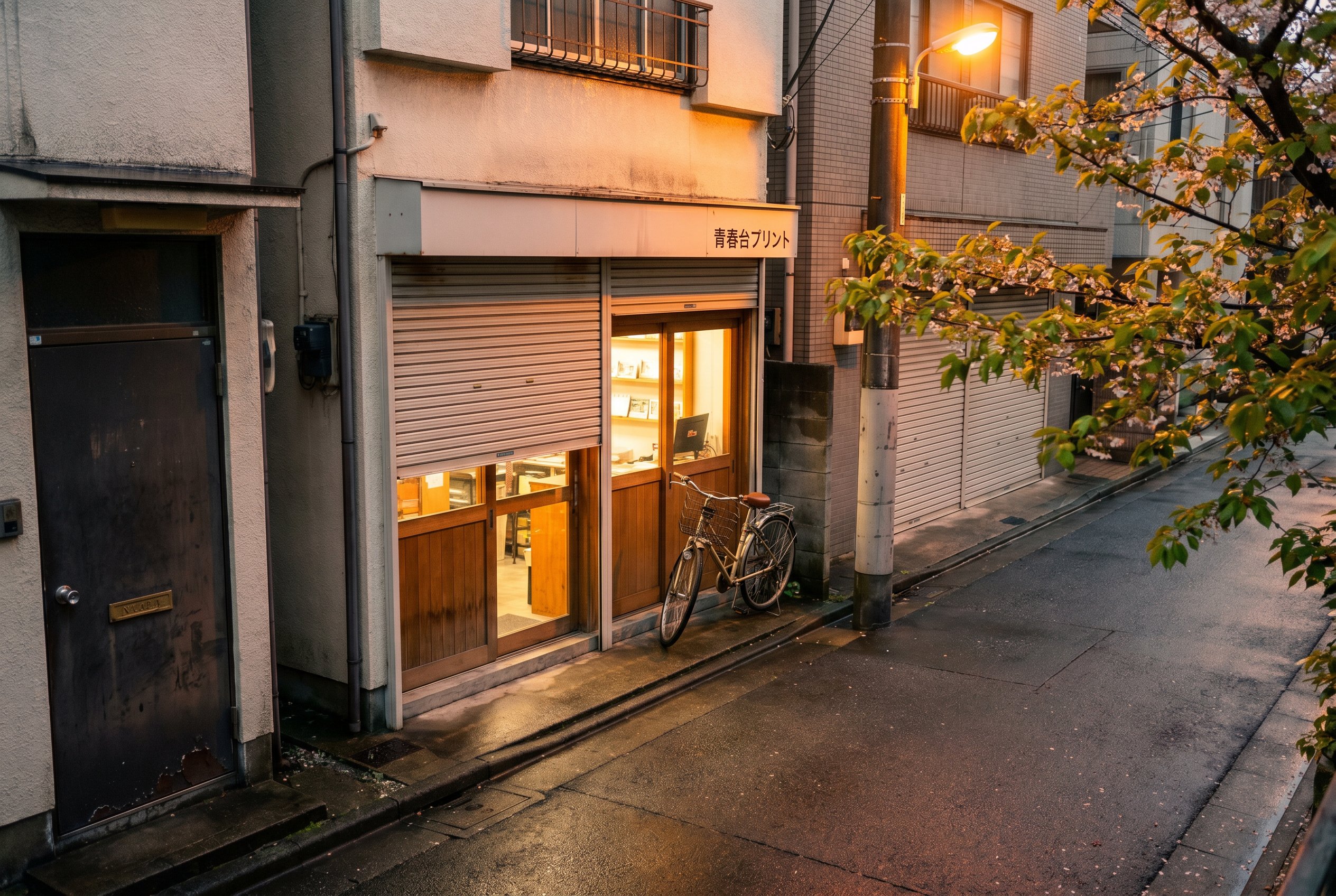 Naka-Meguro Aobadai side-street Friday evening 19:30 JST, the print-shop shutter half-open, amber interior light spilling out onto wet asphalt, post-rain, no people, the green-leaf Meguro-Gawa branches catching the light at the edge