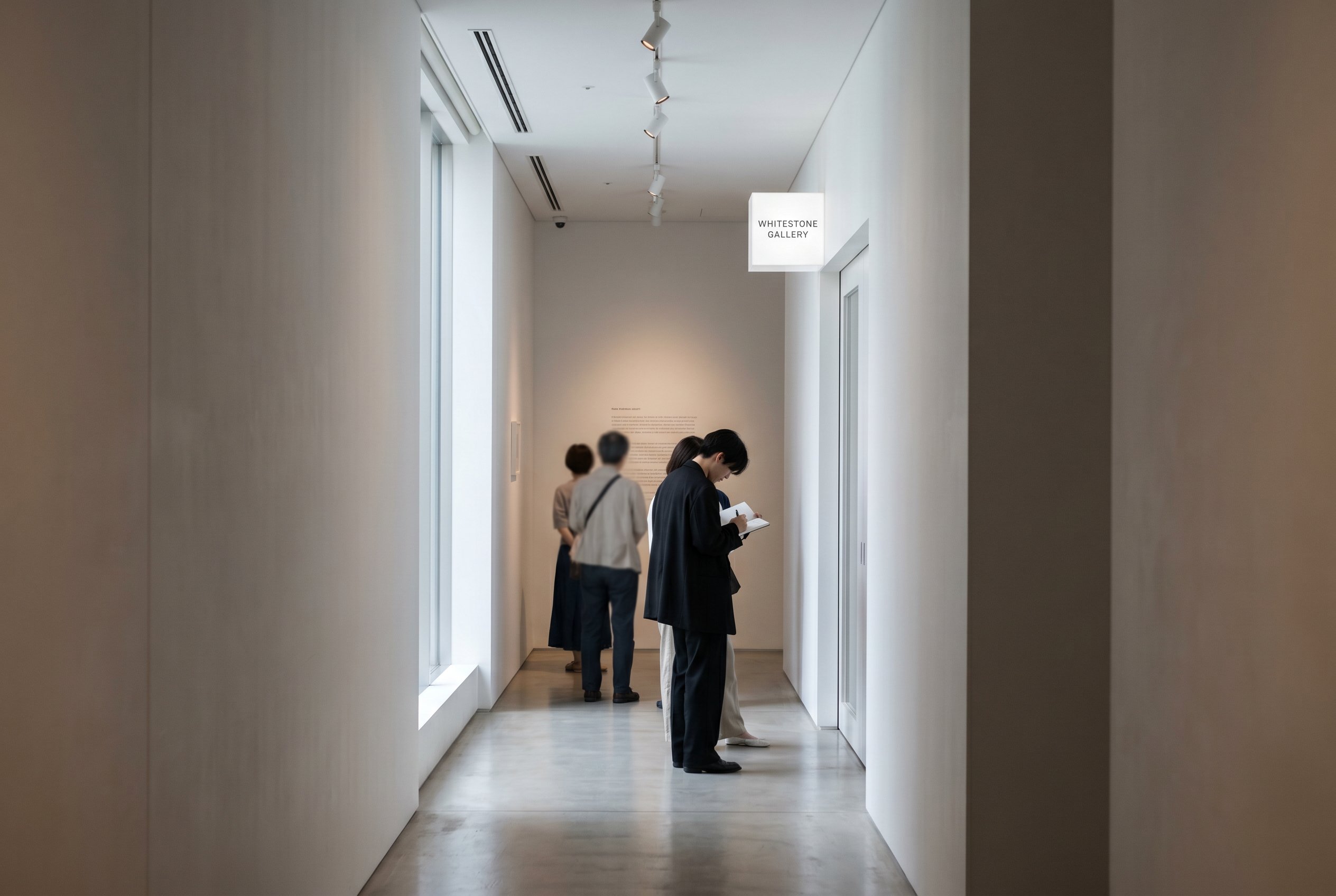 Roppongi Complex inner gallery-corridor Saturday early-afternoon 12:45 JST, polished-concrete floor and white-cube Whitestone-entrance at mid-distance with a Lemaire-blazer figure reading-and-writing at the wall-statement