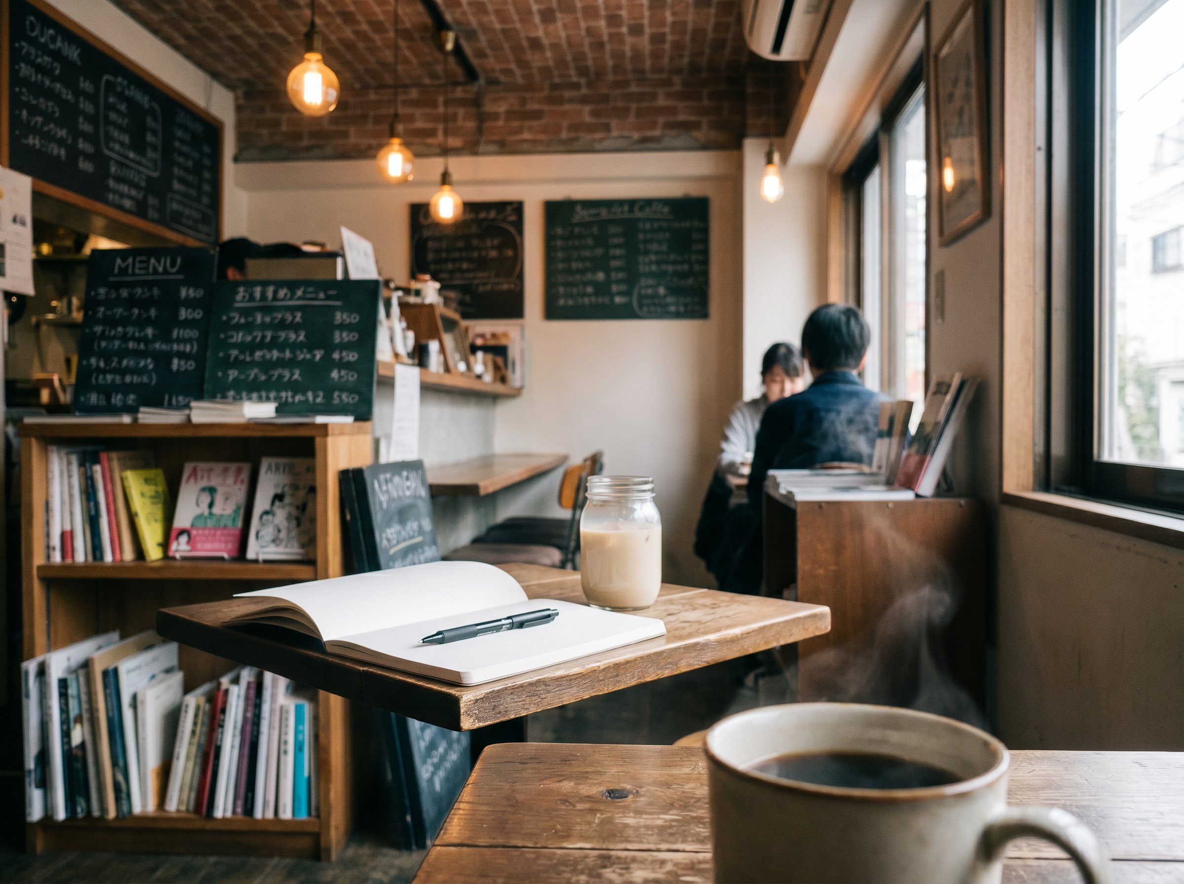 Koenji indie cafe — sketchbook open on a corner table, almond-milk drink half-finished