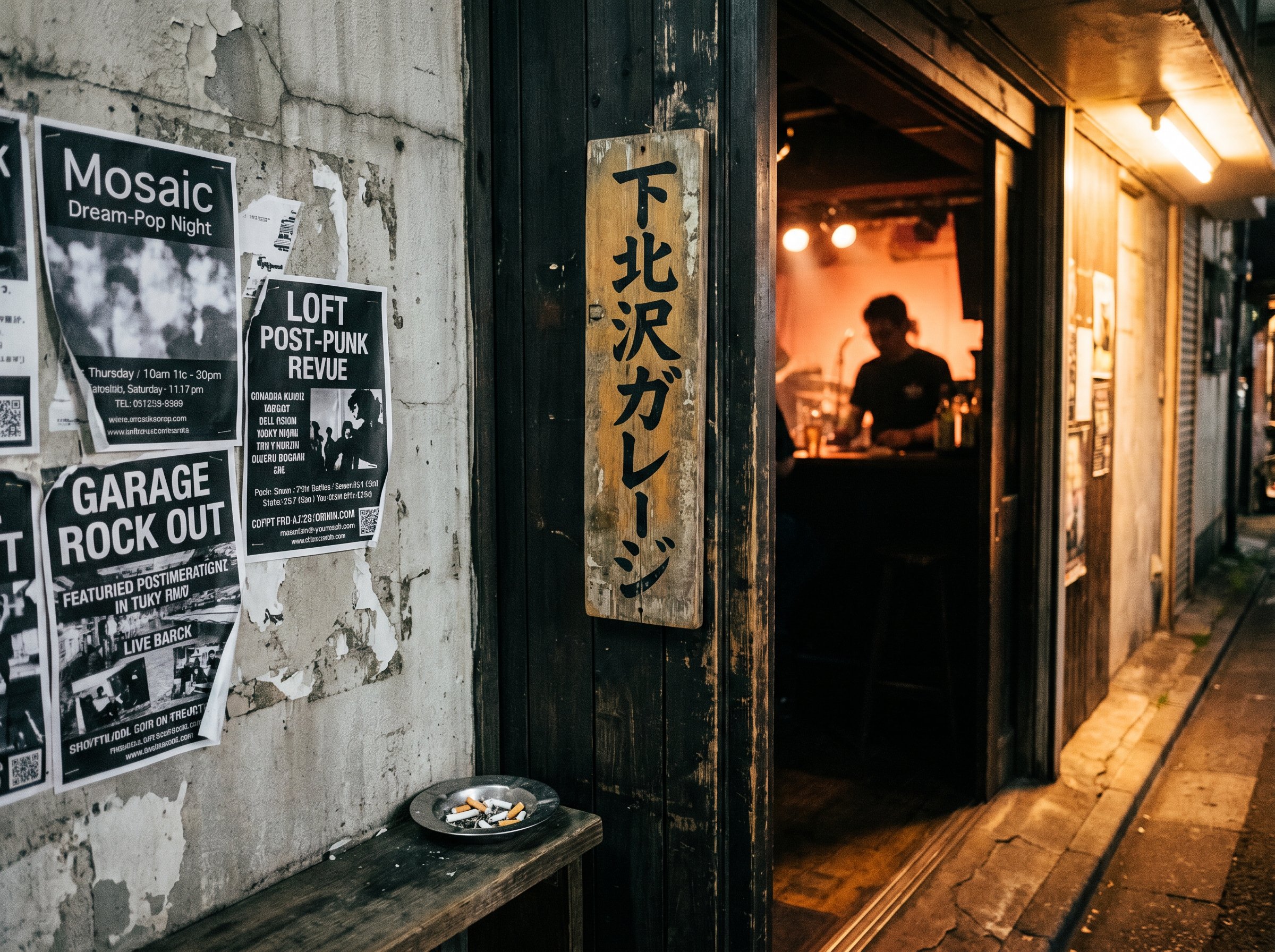 Shimokita live-house doorway — warm glow inside, band-flyers stapled to the door-frame, no one in the frame yet