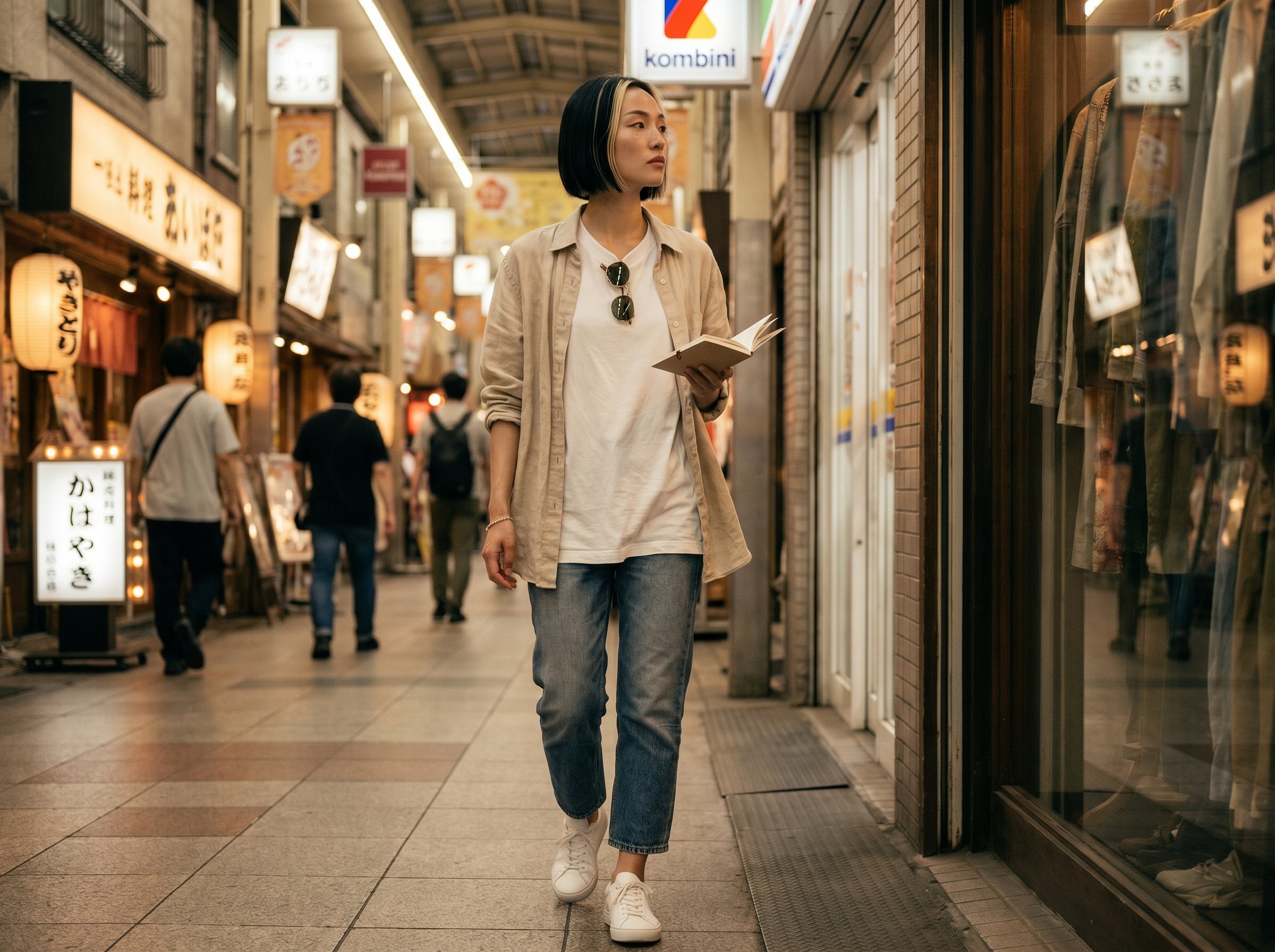 Koenji Pal-Strasse, just after sundown — me walking past a vintage window, notebook in hand