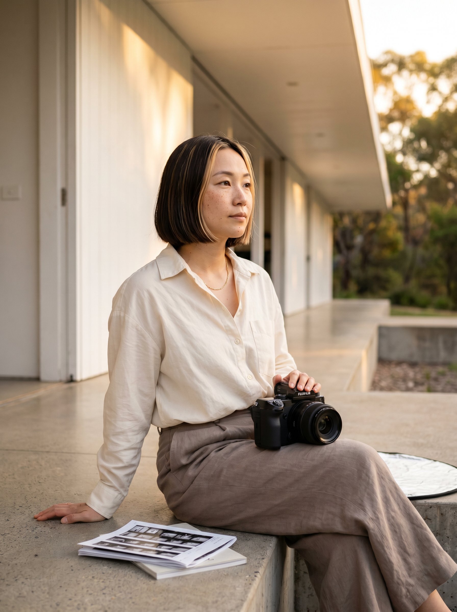 Yuki at the end of the shoot, Heide courtyard, late-golden-hour, the camera resting on the knee