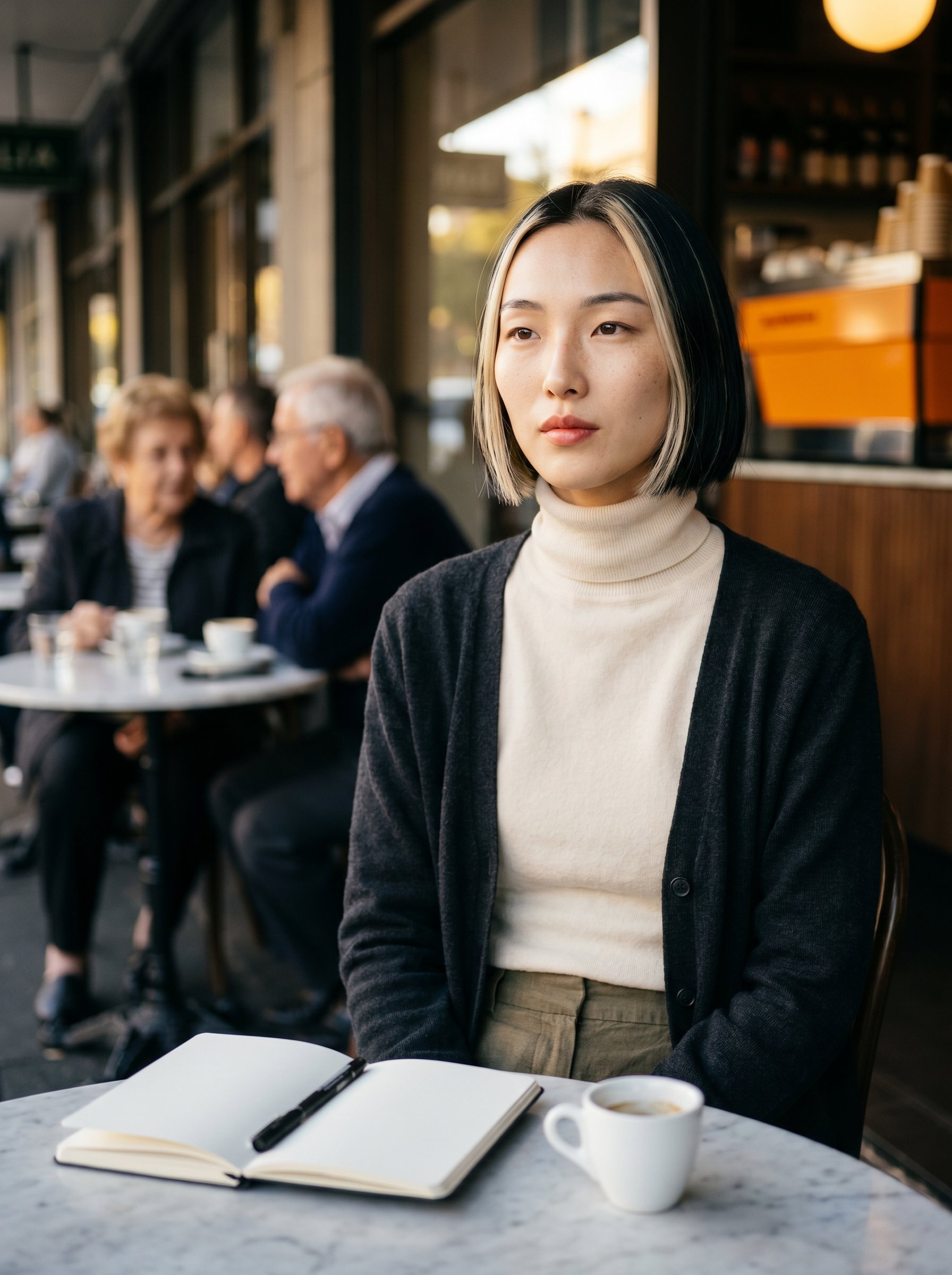 Yuki at Bar-Italia Leichhardt Norton-Street, late-Wednesday-mittag, notebook open on the marble-top with an espresso at the corner, two nonni in soft-focus behind
