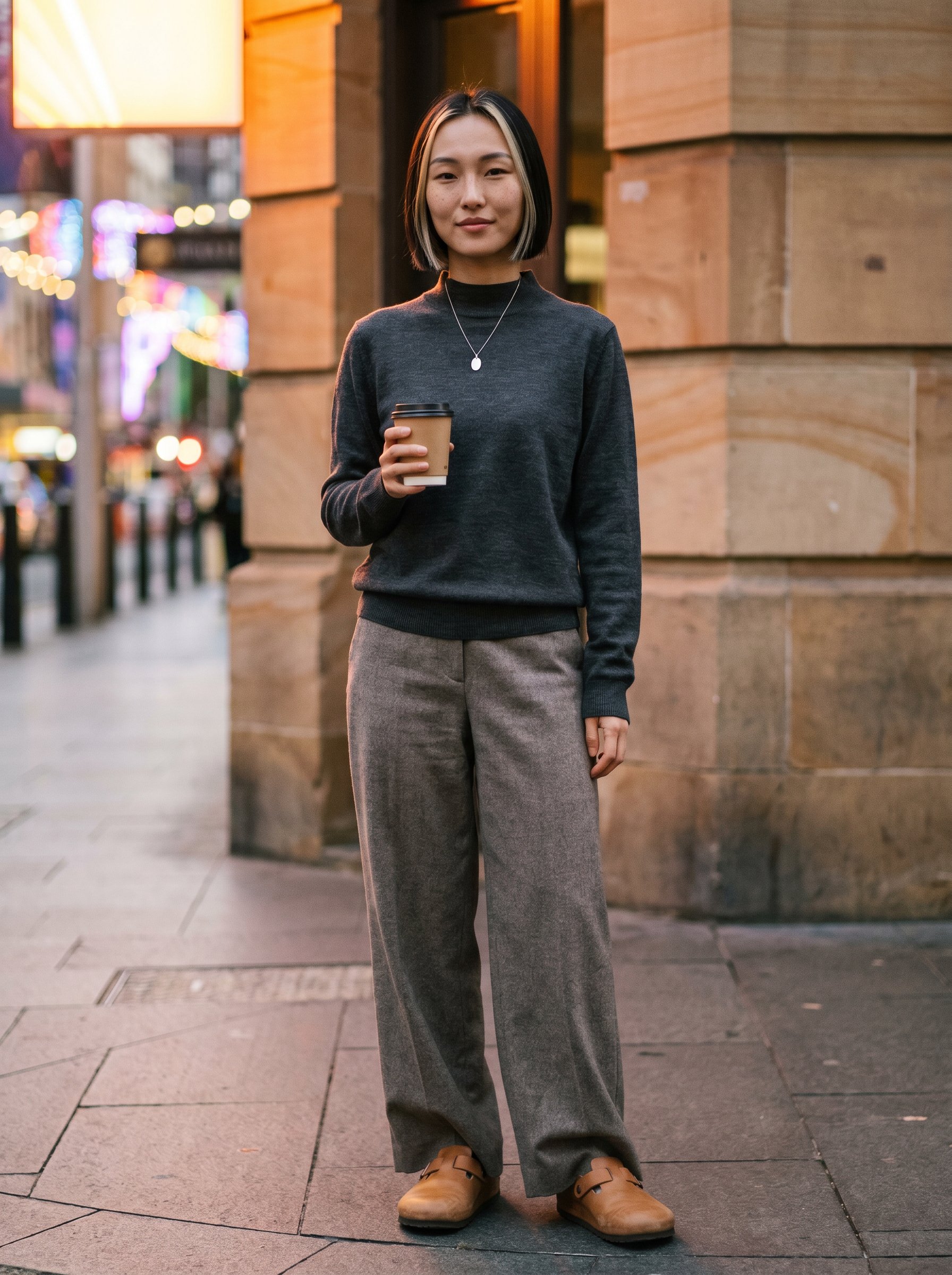 Yuki at the Crown-Street Surry-Hills corner Thursday-evening, Single-O cup in hand, the warm-amber Vivid-installation-light on the merino-mock-neck-collar, the day closing