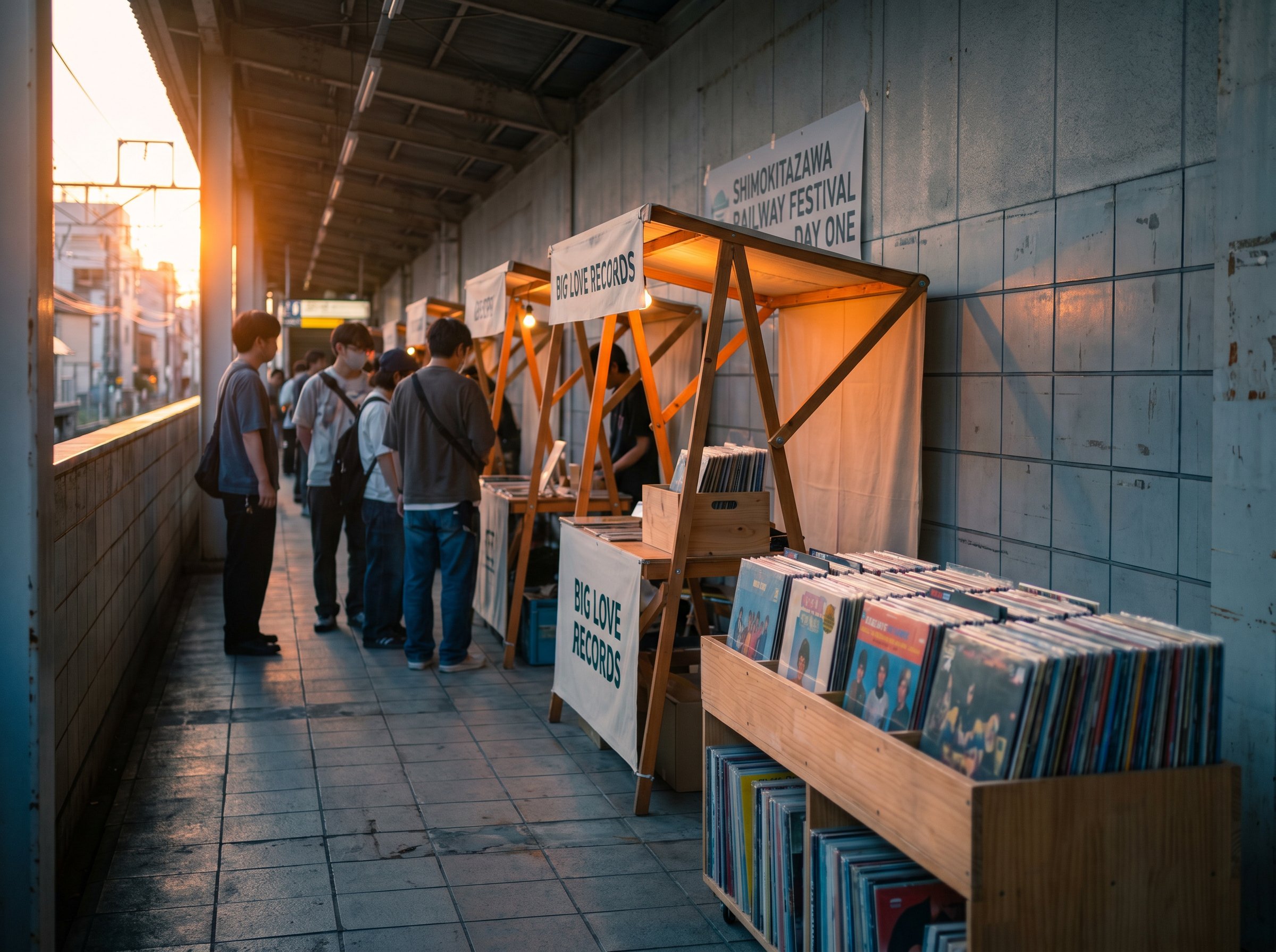 Shimokitazawa Railway Festival, Bahnsteig side-wall, golden-hour vinyl-stand cluster