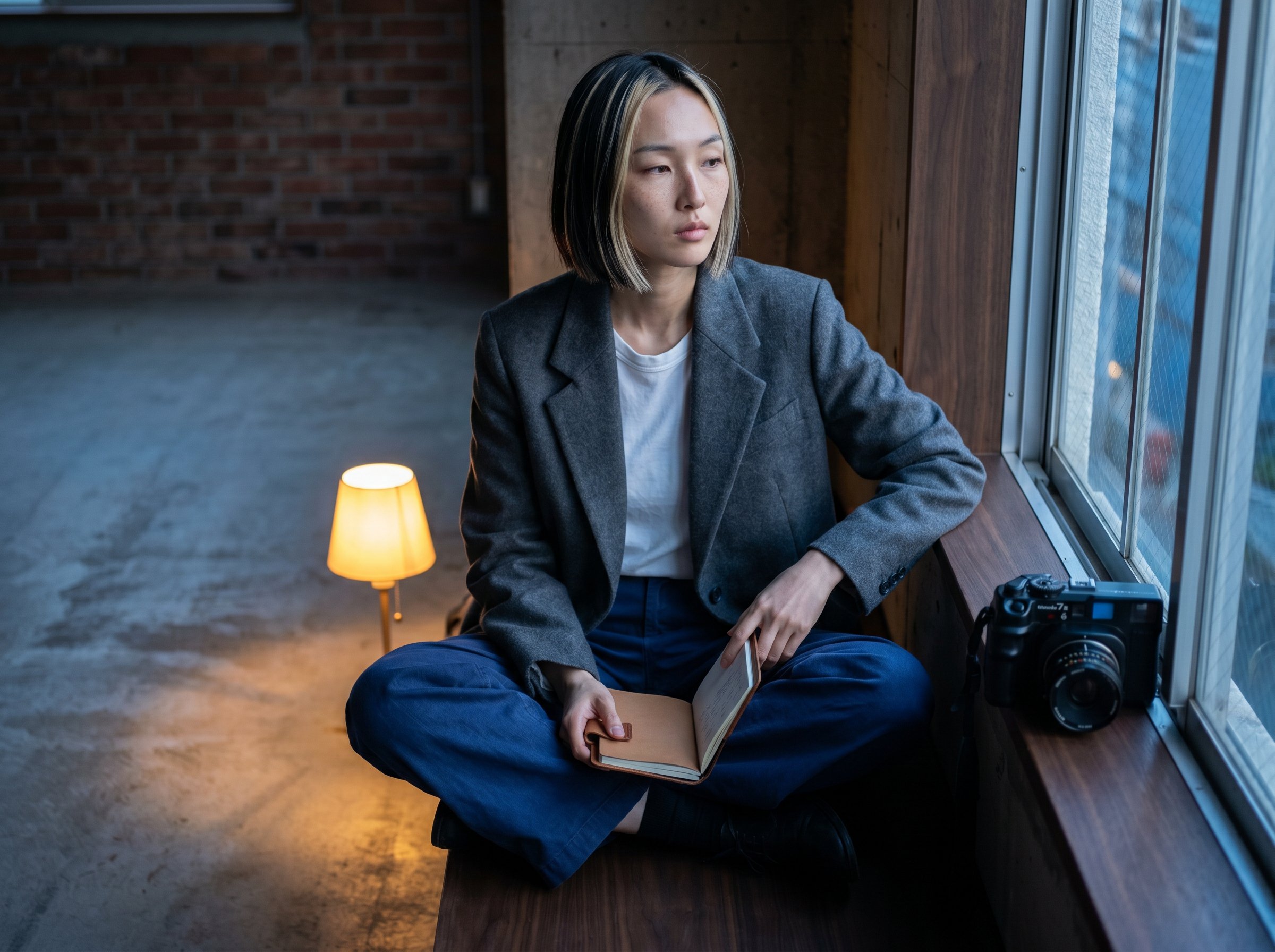 Yuki at the atelier side-window, Saturday evening 18:40, Hobonichi open, Mamiya 7II resting on the bench